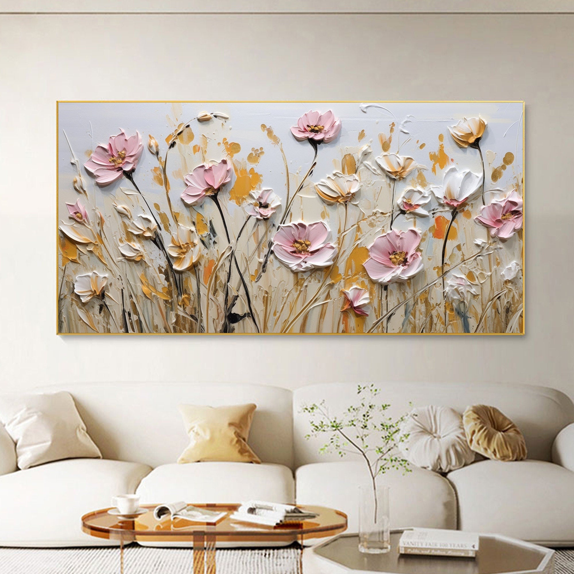 Textured Floral Wall Art | Large Pink White Flowers Canvas Painting #ZZ 180