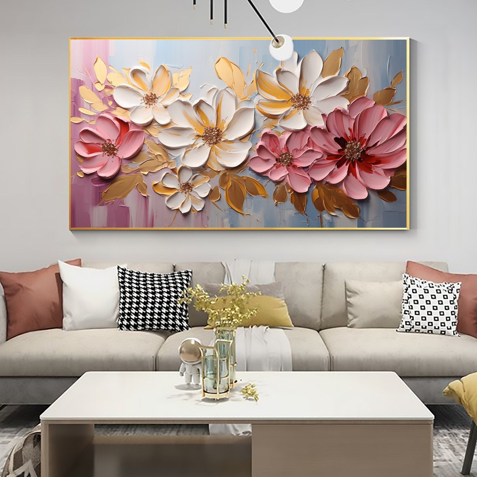 Large Abstract Flower Painting | Textured Pink White Canvas Art Decor #ZZ 181