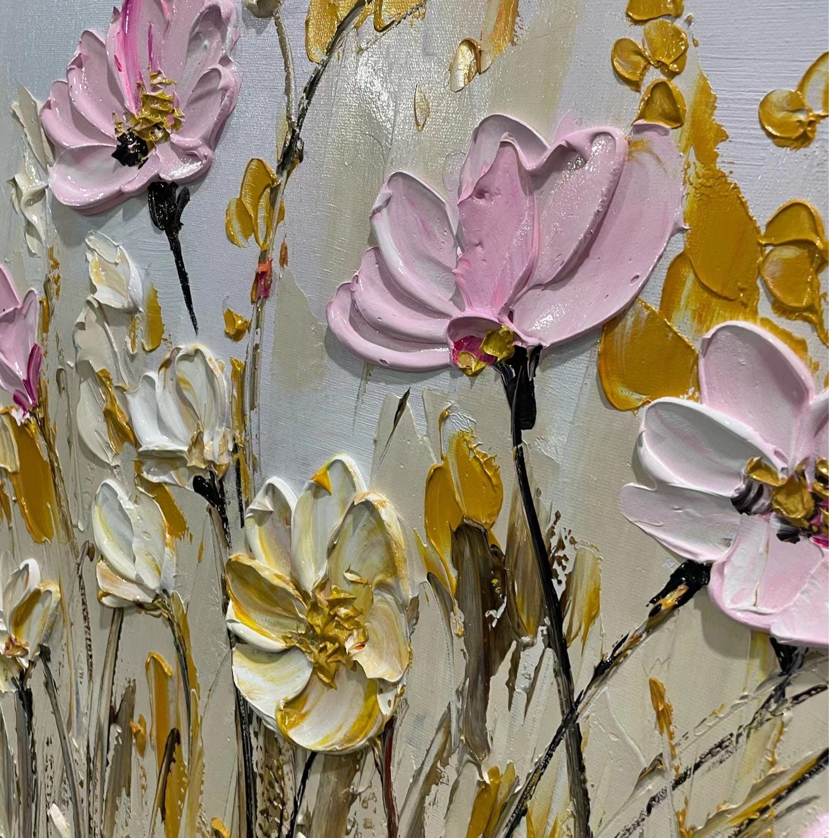 Textured Floral Wall Art | Large Pink White Flowers Canvas Painting #ZZ 180