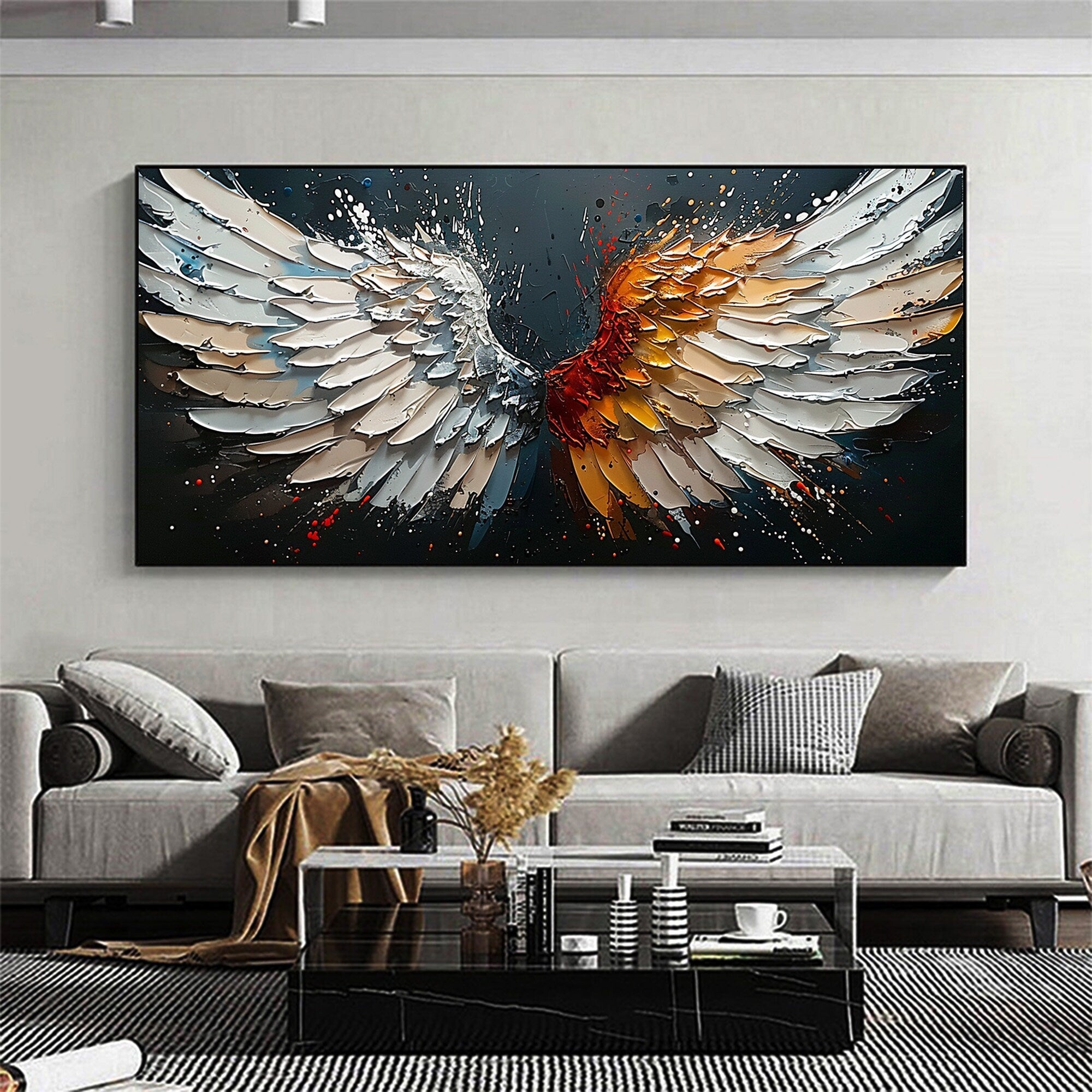 Textured Angel Wings Wall Art | Dual Tone Colorful Large Painting #ZZ 171