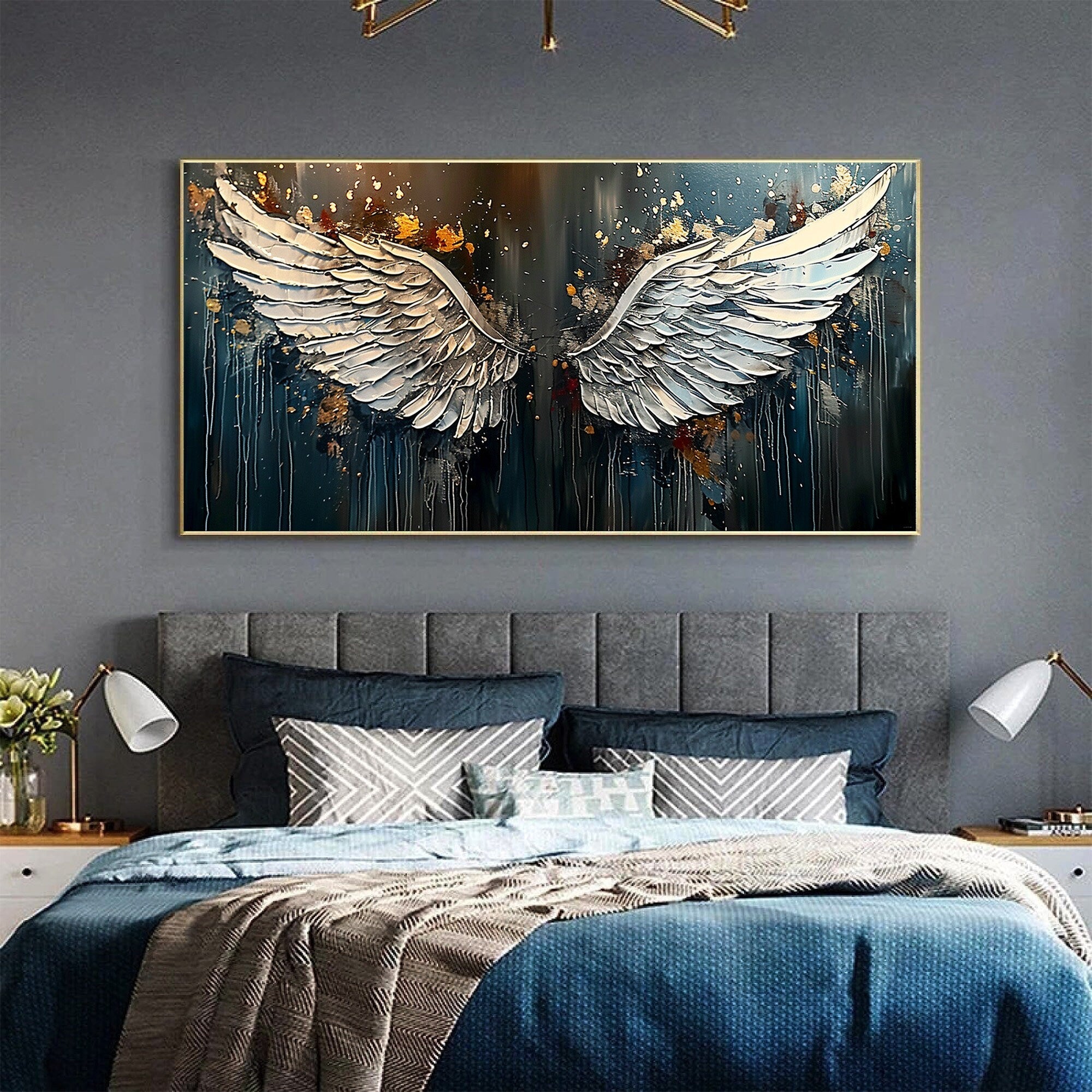 Textured Angel Wings Wall Art | Large Horizontal Painting for Bedroom #ZZ 169