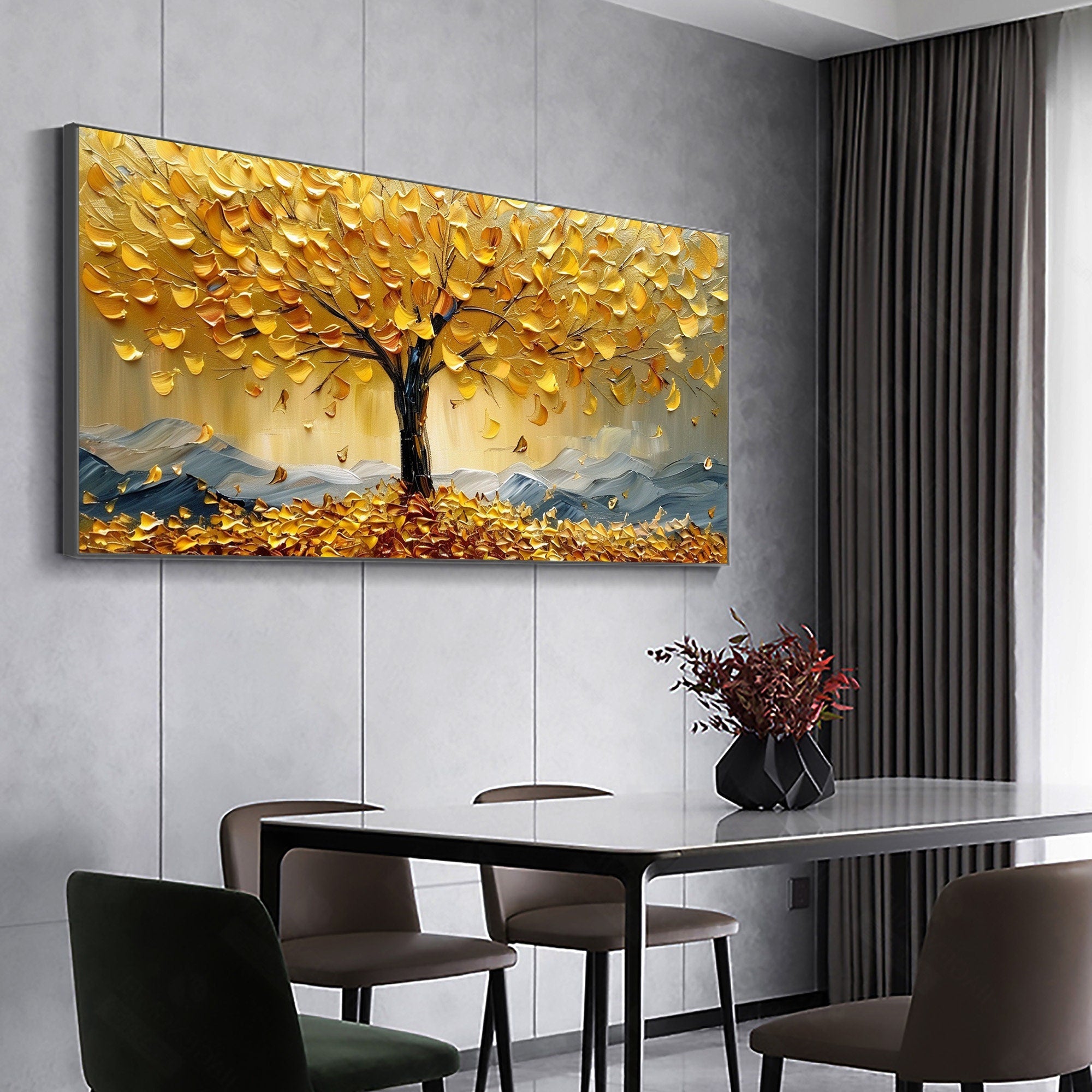 Golden Tree Wall Art | Large Textured Landscape Painting Canvas #ZZ 178
