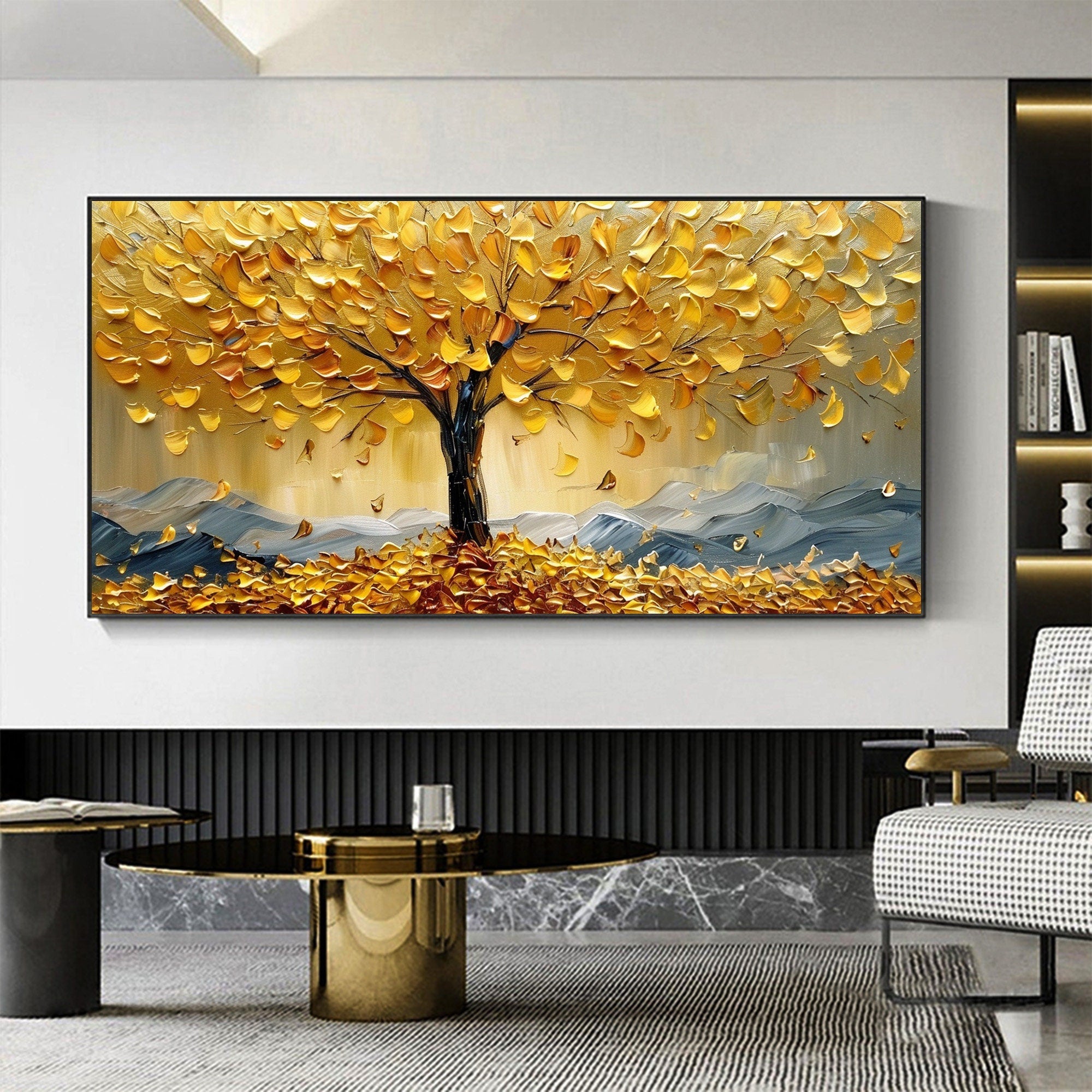 Golden Tree Wall Art | Large Textured Landscape Painting Canvas #ZZ 178