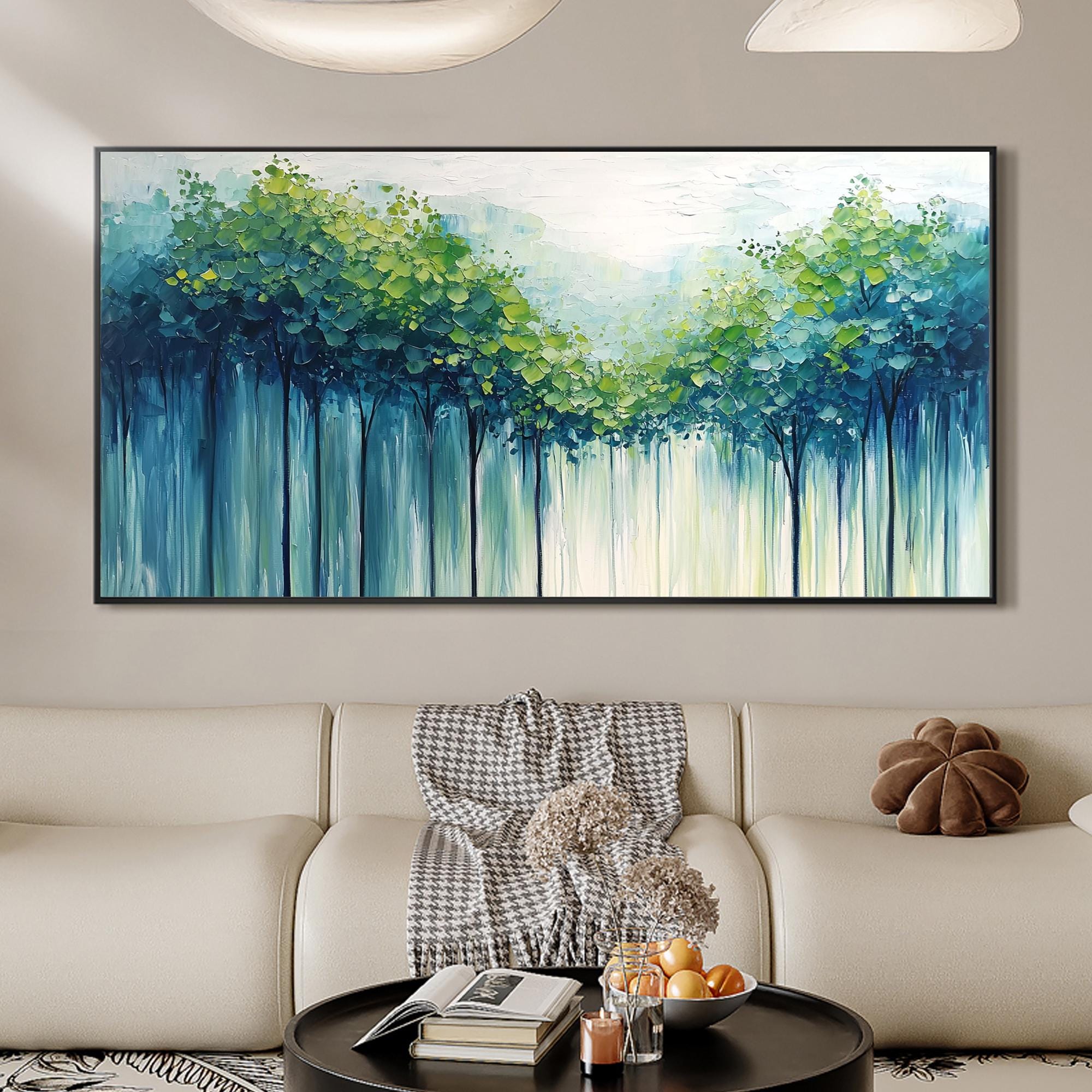 Large Textured Artwork | Horizontal Green Forest Canvas Painting Decor #ZZ 098