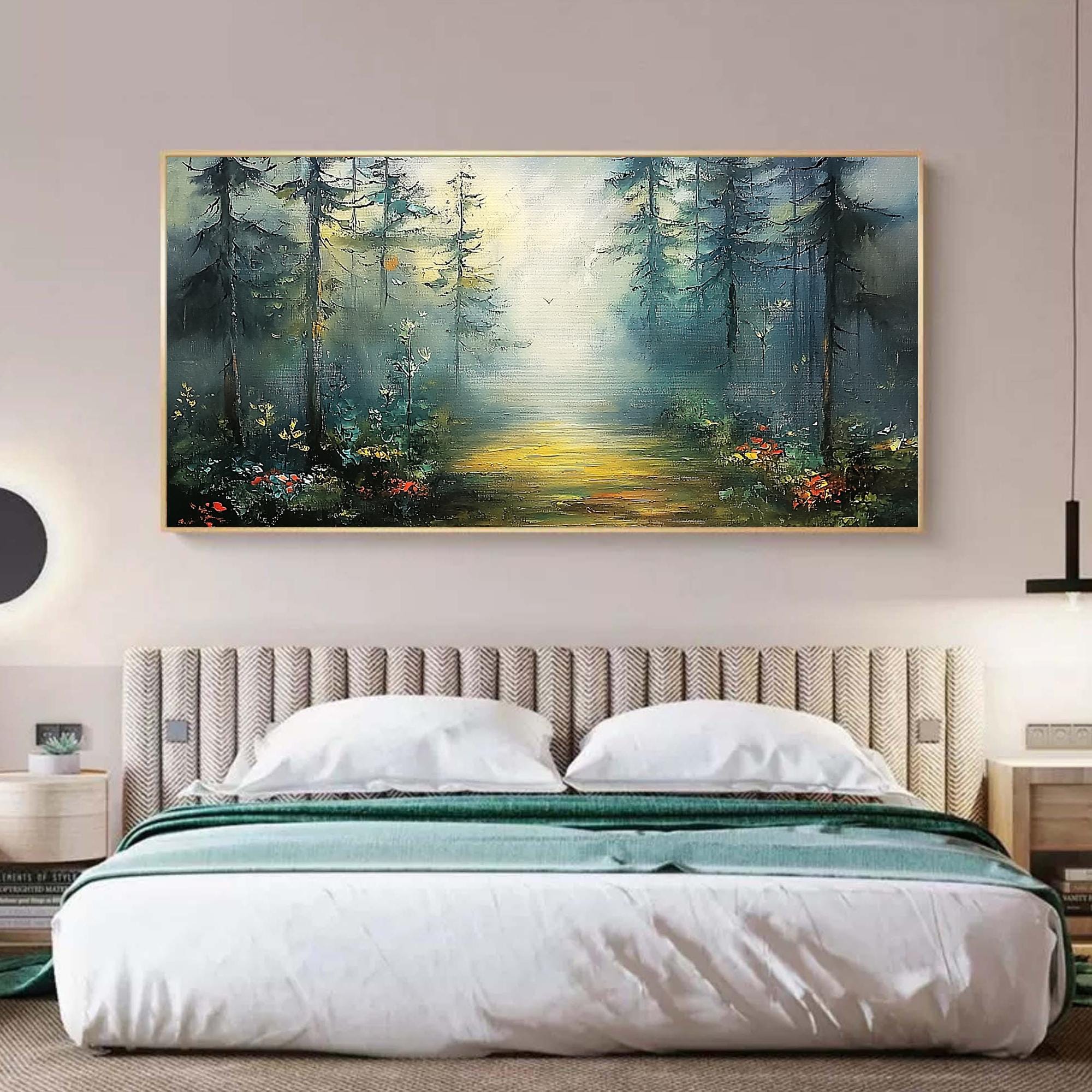 Misty Forest Path Wall Art | Large Horizontal Landscape Painting for Bedroom #ZZ 101