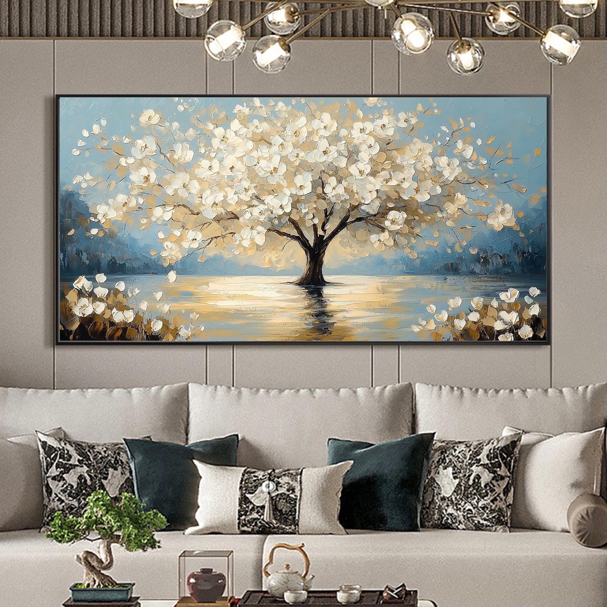 Floral Tree Painting | Oversized Horizontal Canvas Wall Art for Living Room #ZZ 091