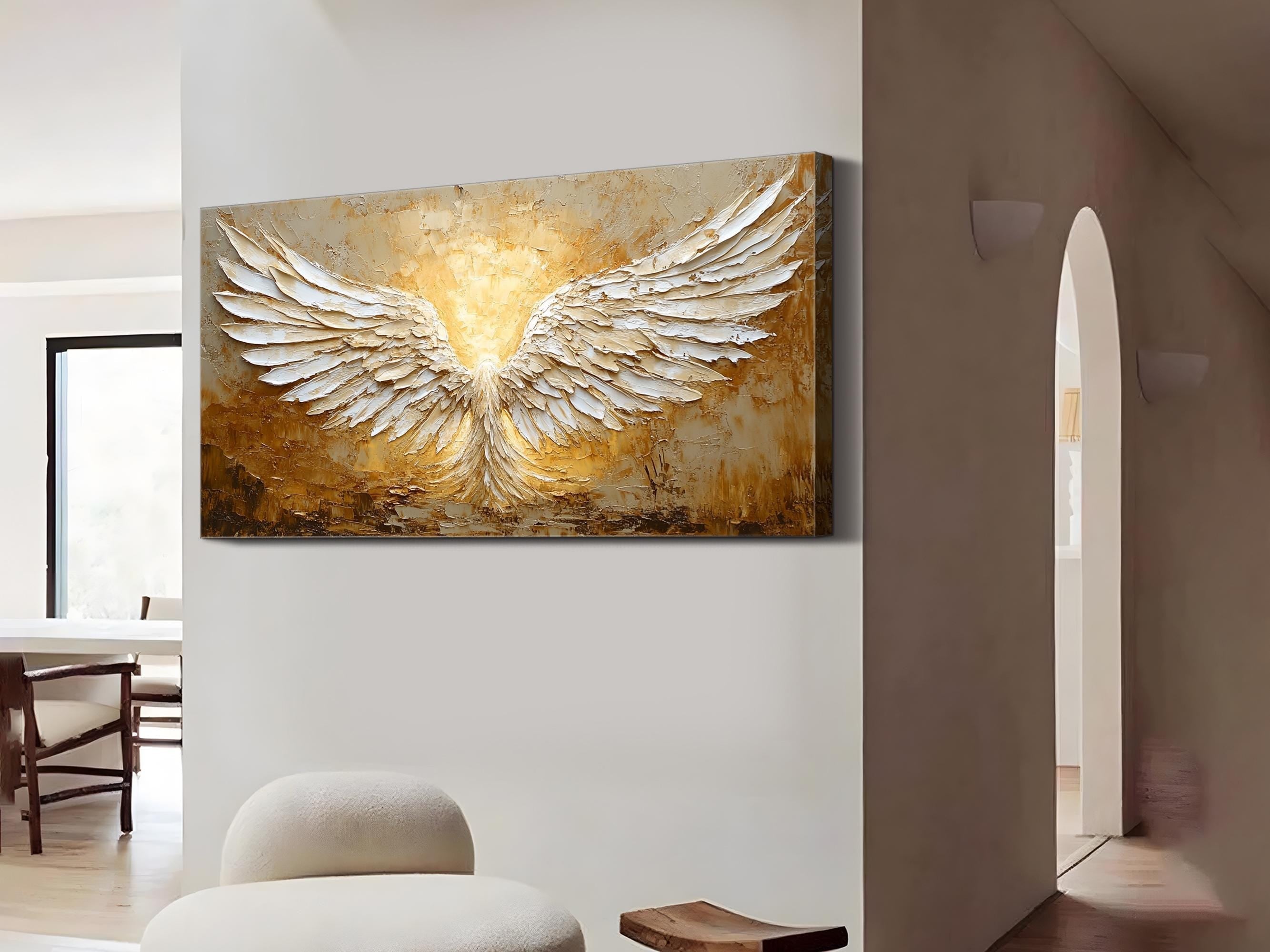 White and Gold Textured Painting | Large Angel Wings Wall Art #ZZ 148