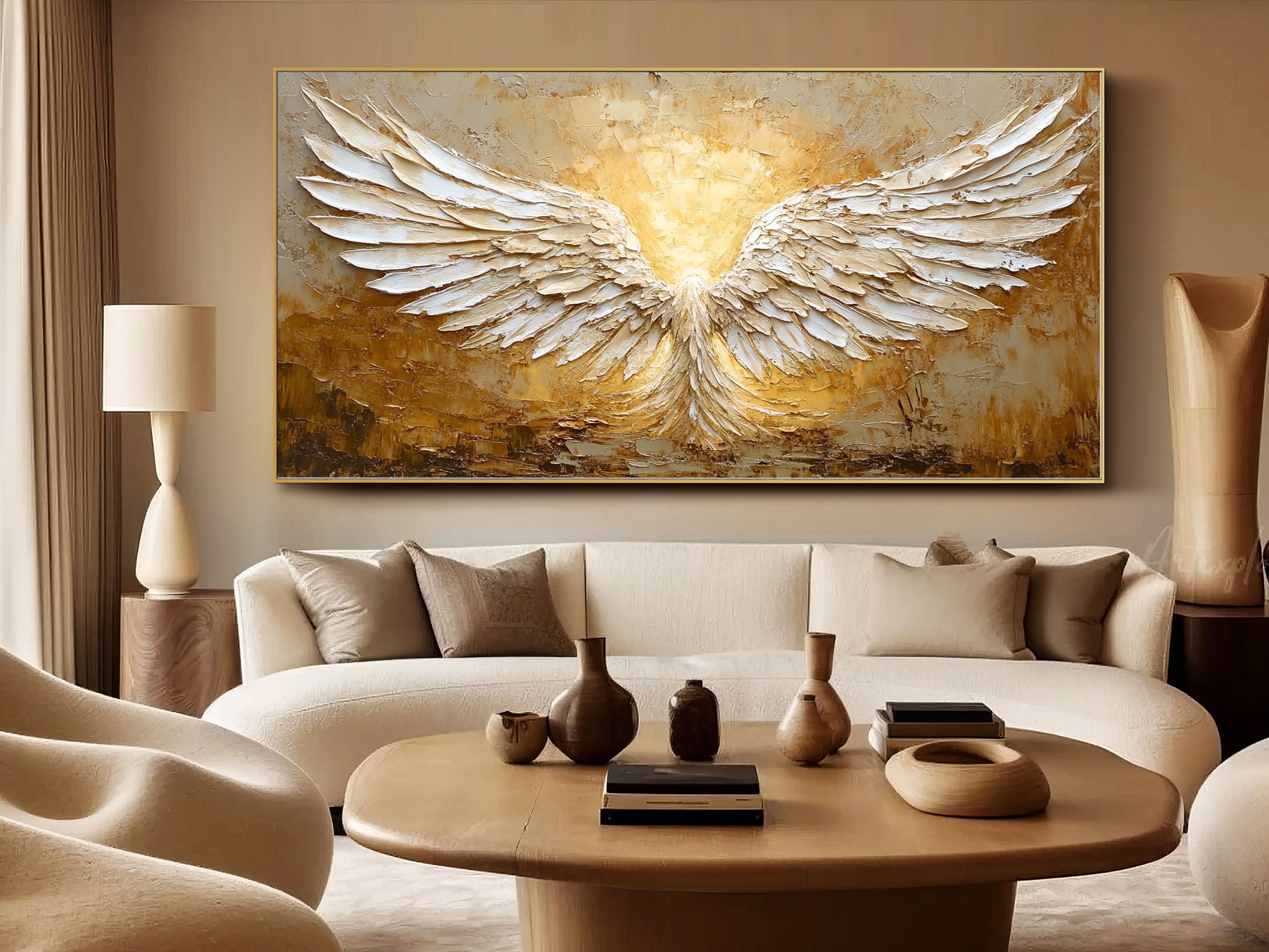 White and Gold Textured Painting | Large Angel Wings Wall Art #ZZ 148