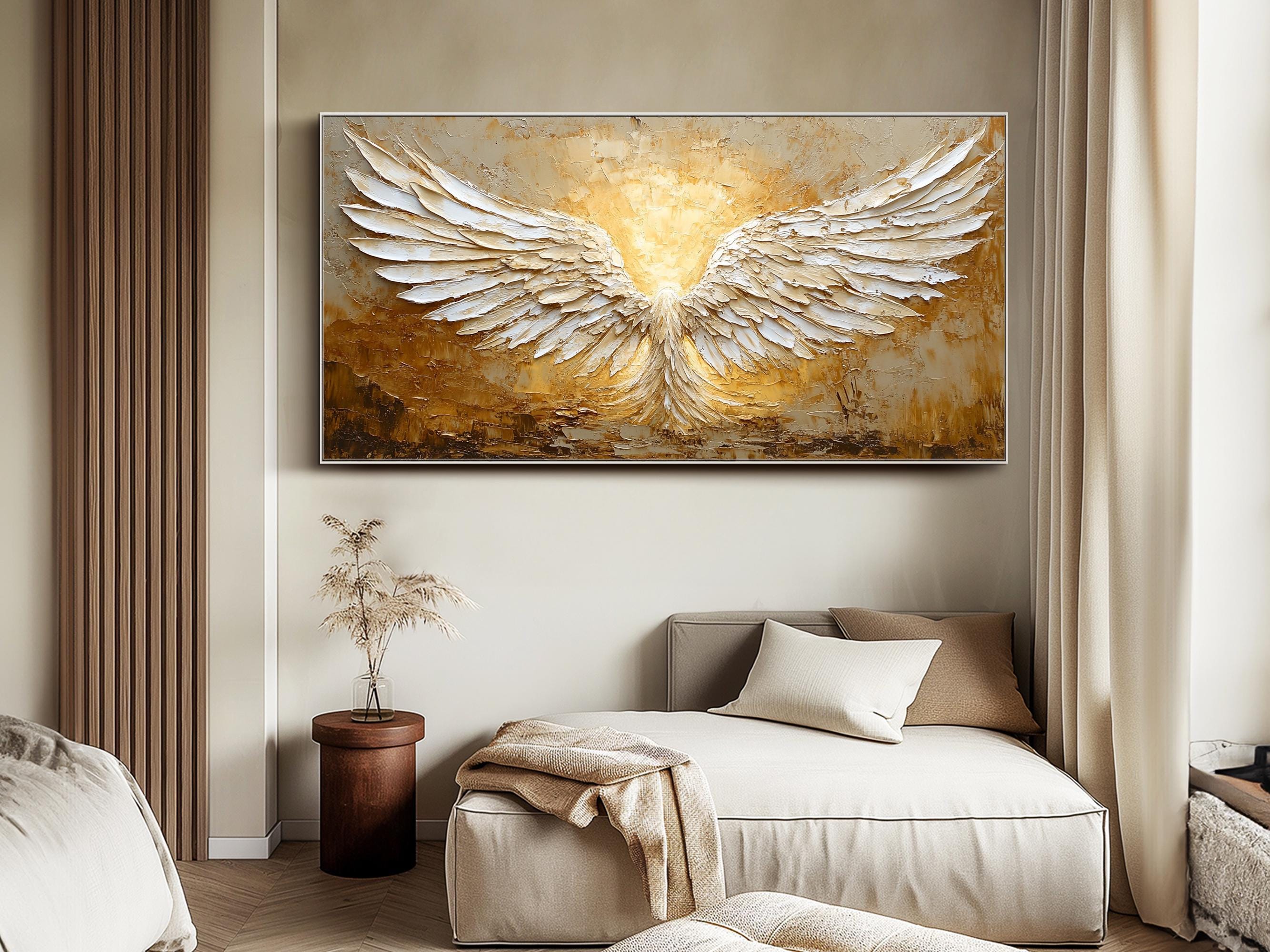 White and Gold Textured Painting | Large Angel Wings Wall Art #ZZ 148