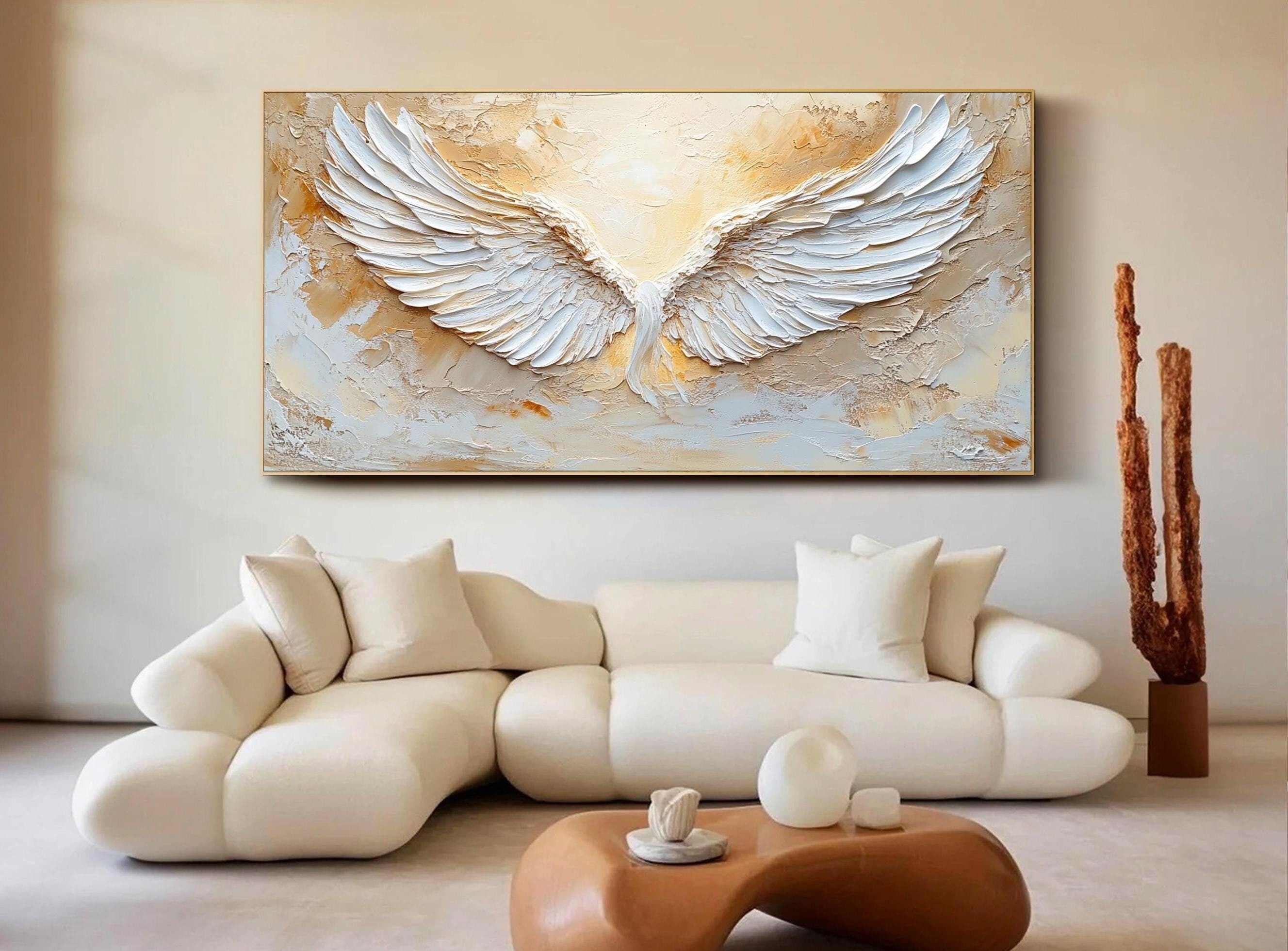 Large Abstract Angel Wings Painting | White Textured Wall Art for Room Decor #ZZ 144