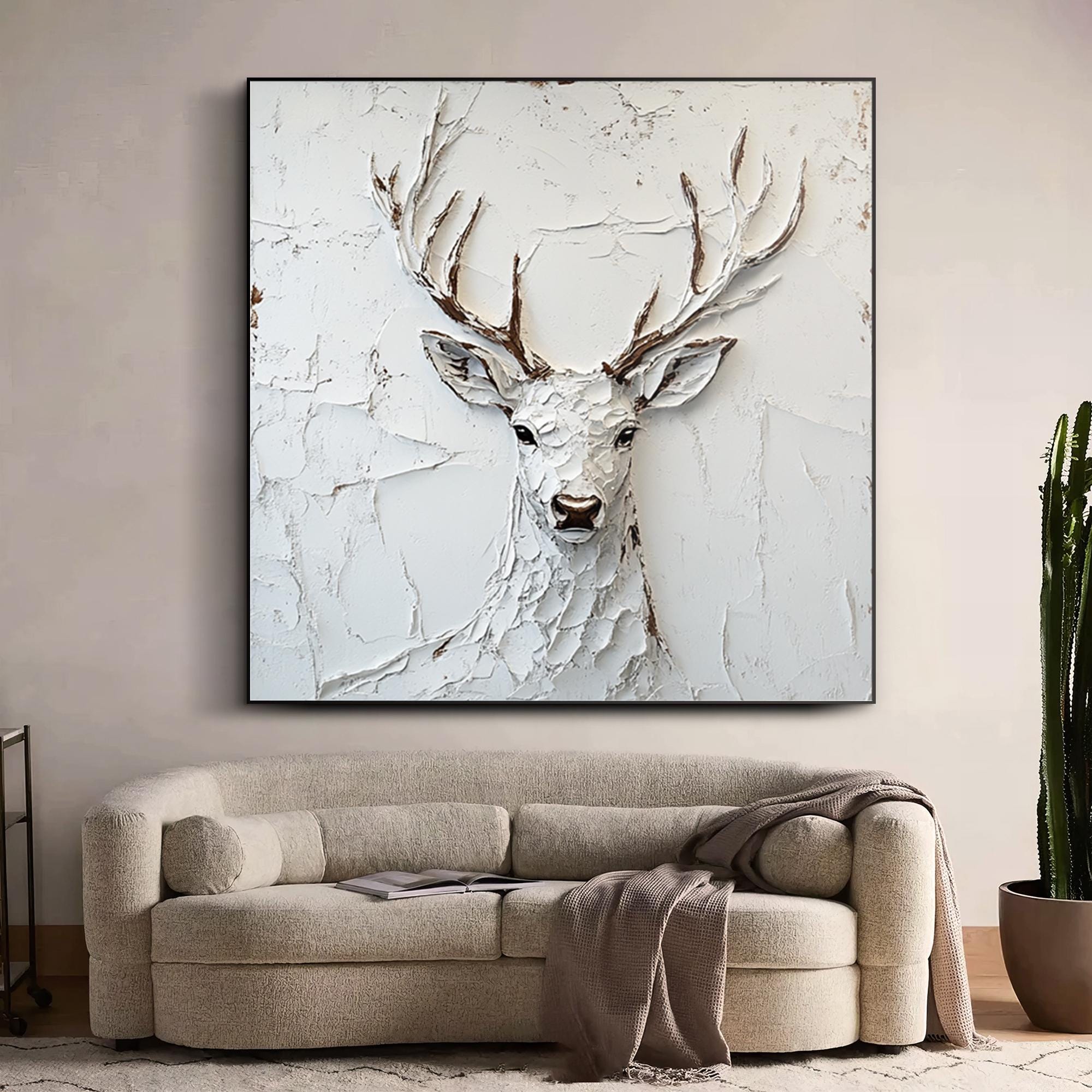 White Plaster Art Deer | Large Textured Stag Painting Decor #ZZ 147