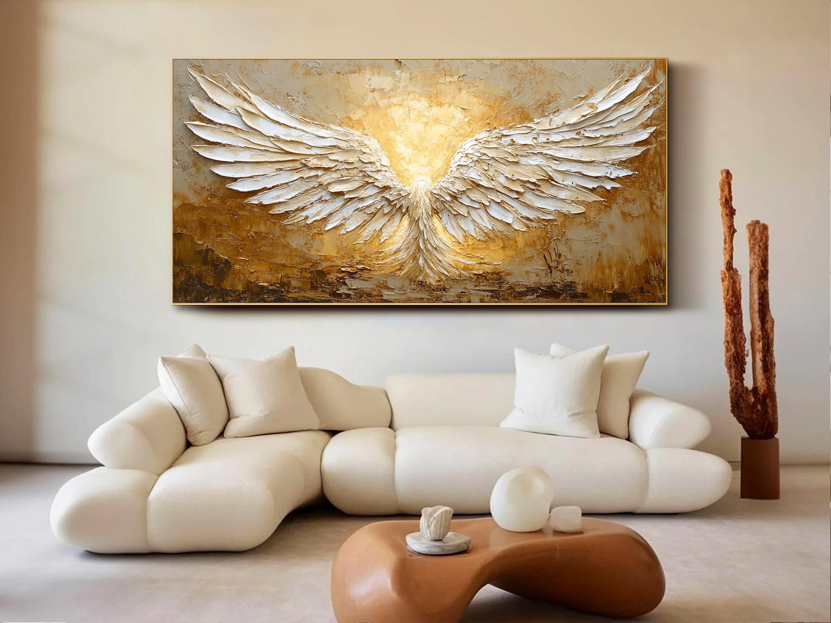 White and Gold Textured Painting | Large Angel Wings Wall Art #ZZ 148