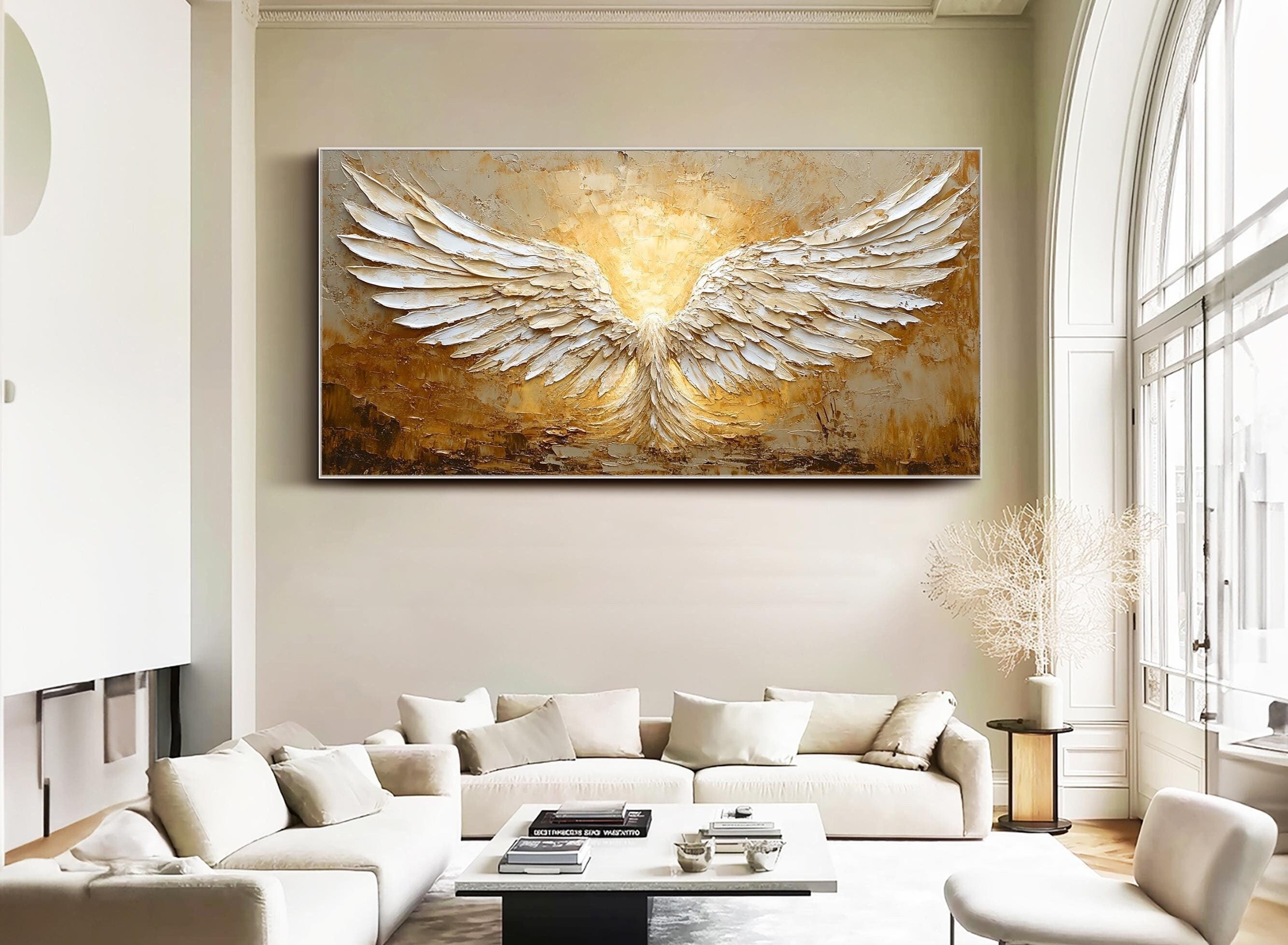 White and Gold Textured Painting | Large Angel Wings Wall Art #ZZ 148