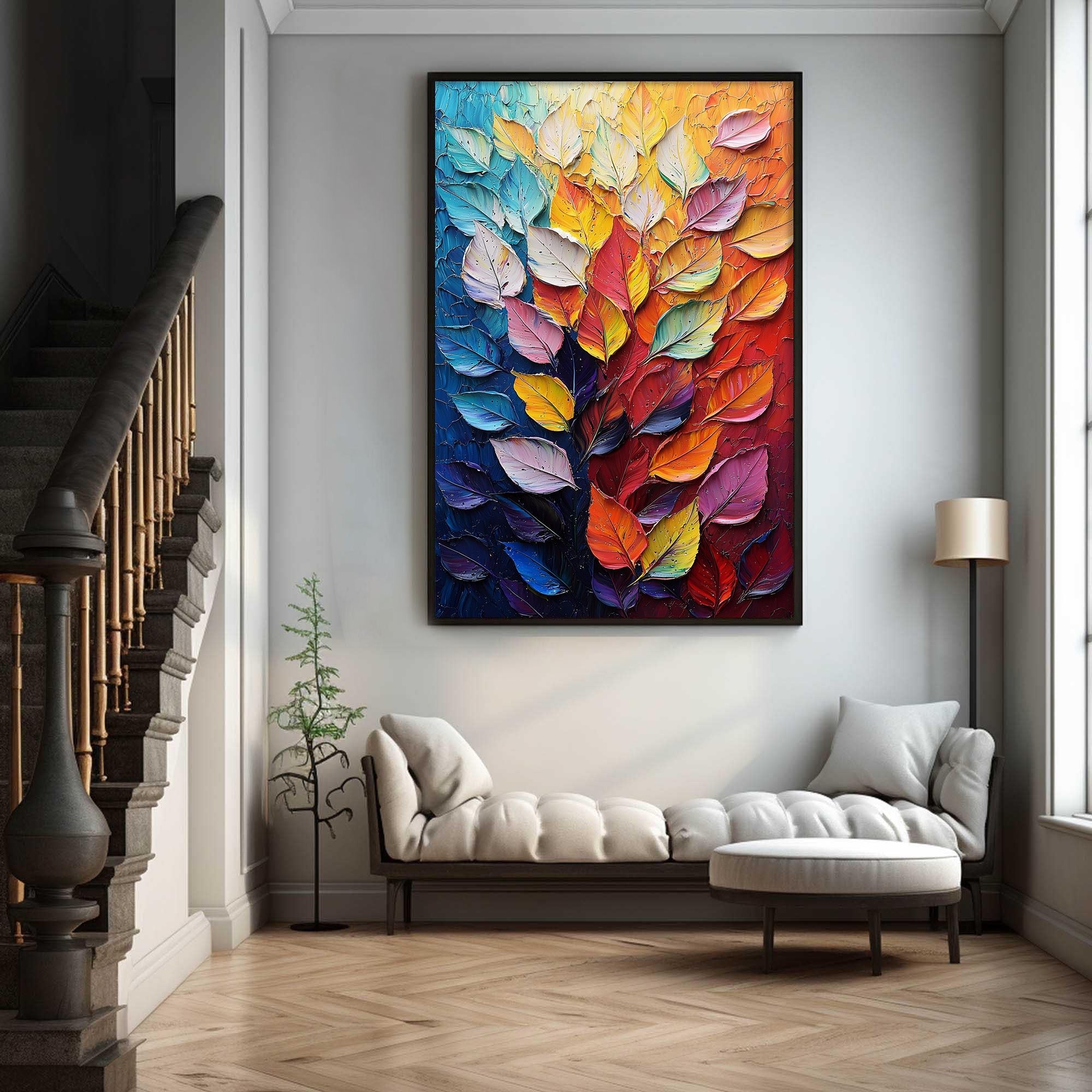 Colorful Leaf Wall Art | Large Vertical Textured Abstract Painting #ZZ 182