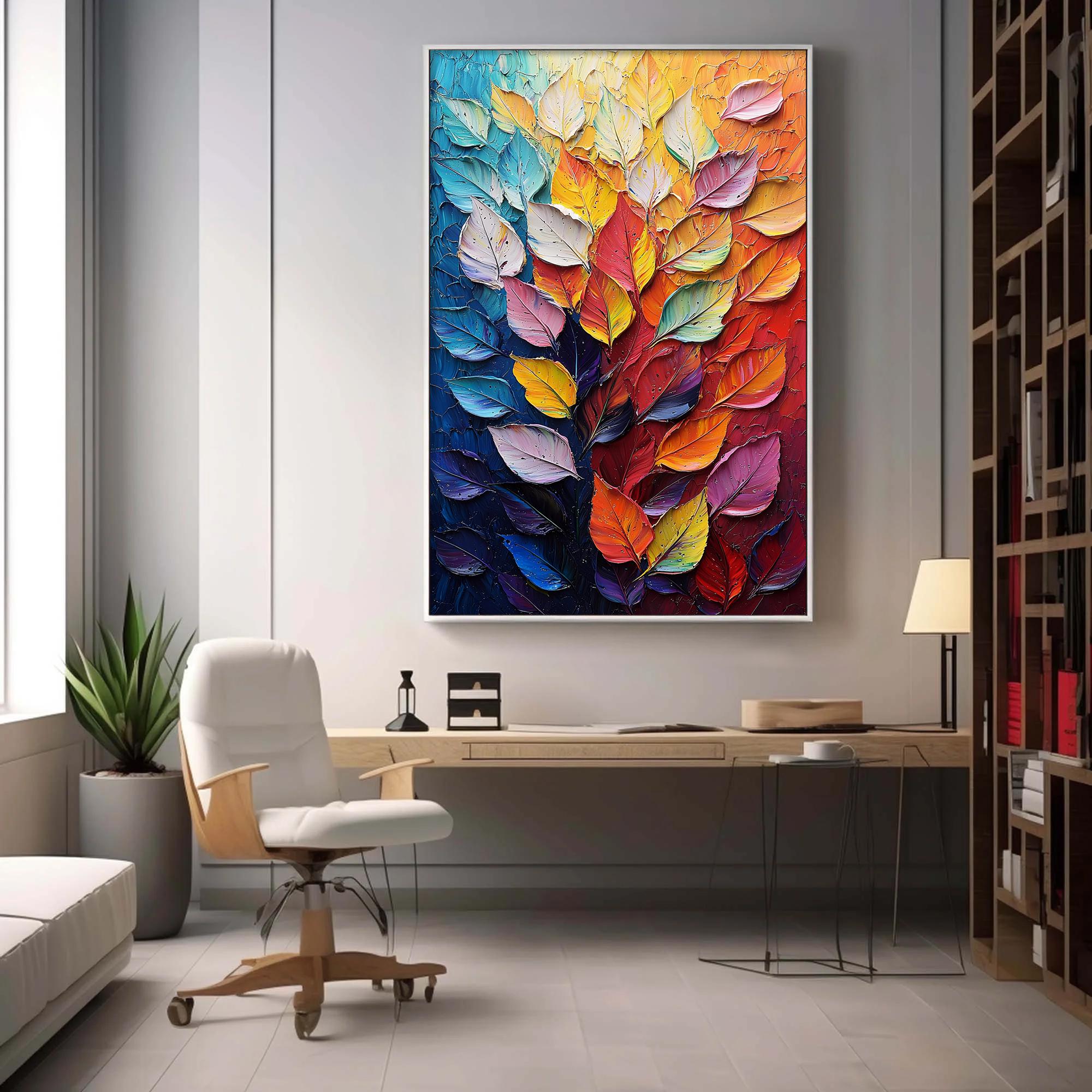 Colorful Leaf Wall Art | Large Vertical Textured Abstract Painting #ZZ 182