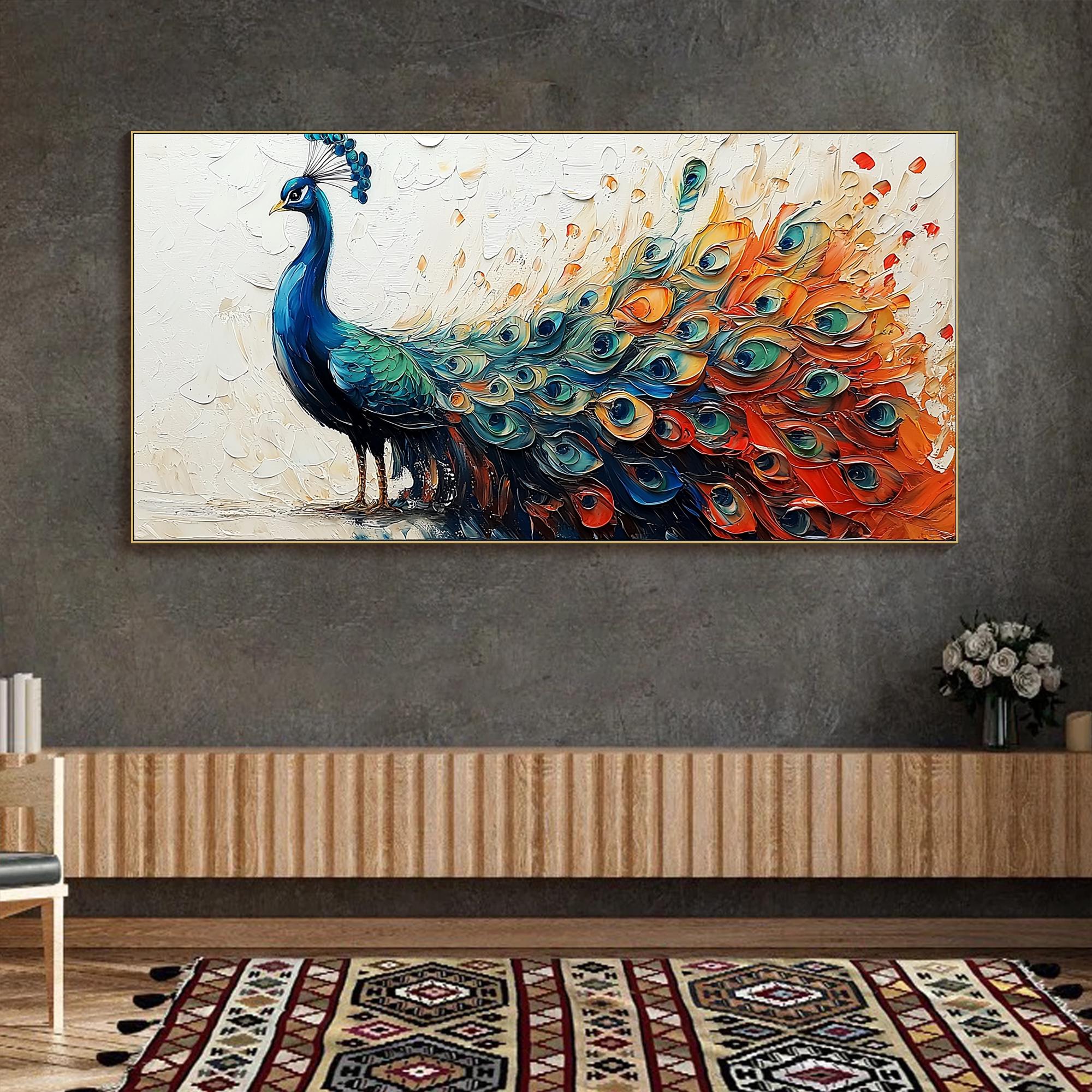 Colorful Peacock Wall Art | Large Textured Bird Painting Canvas #ZZ 173