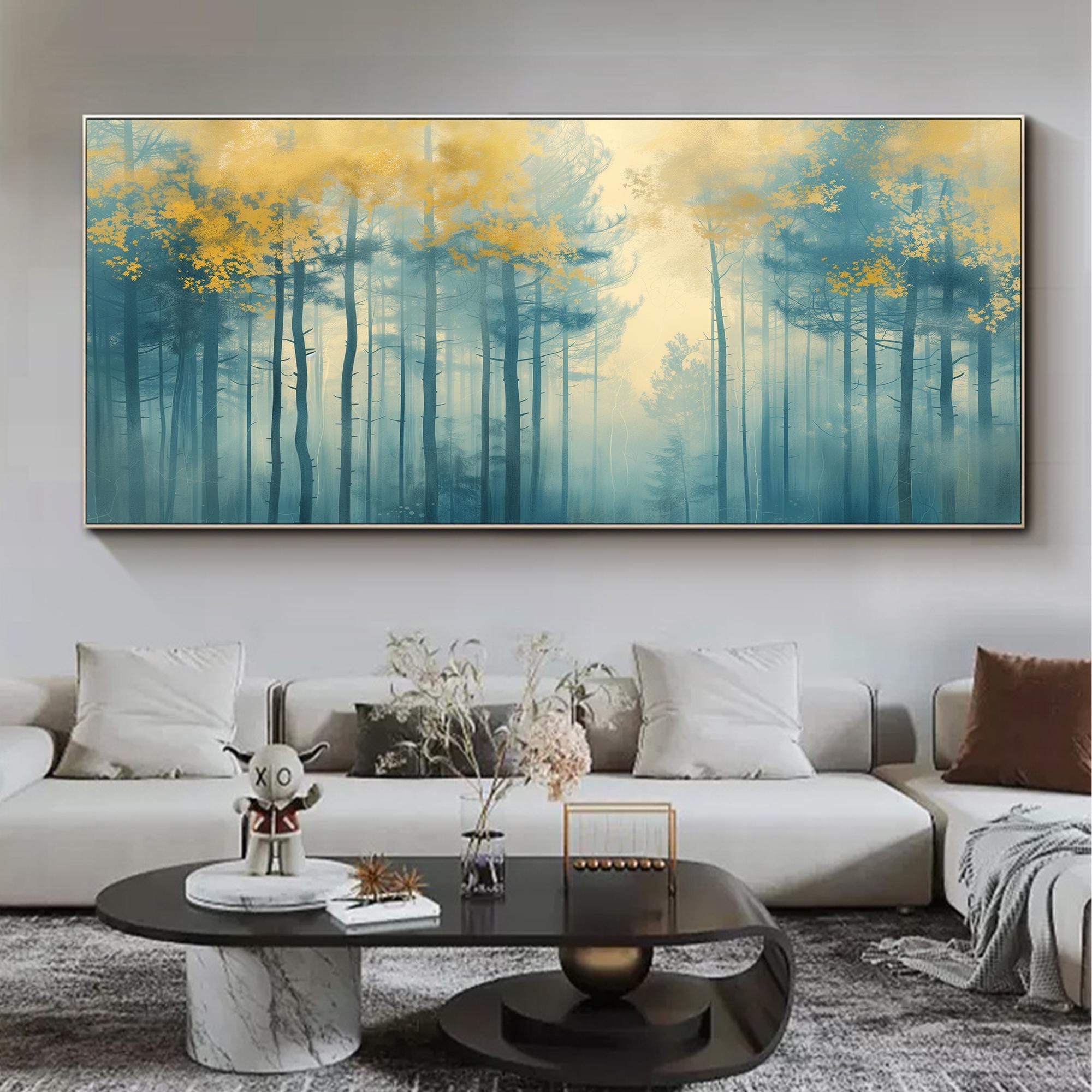Calming Wall Art | Oversized Blue and Gold Forest Landscape Painting #ZZ 102