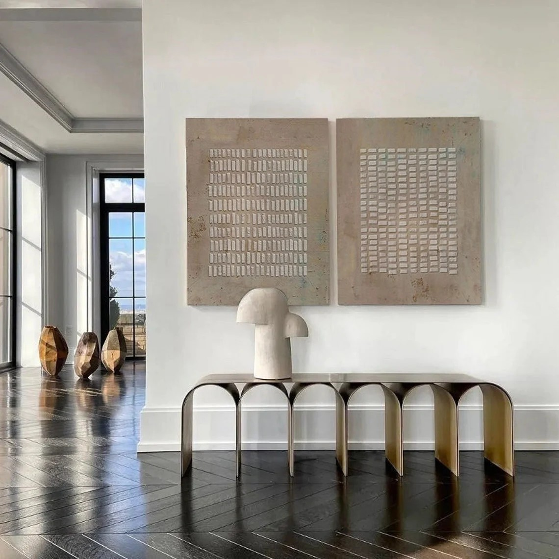 Simple Grid Abstract Oil Art (Set of 2) - Textured Neutral #JJ 015