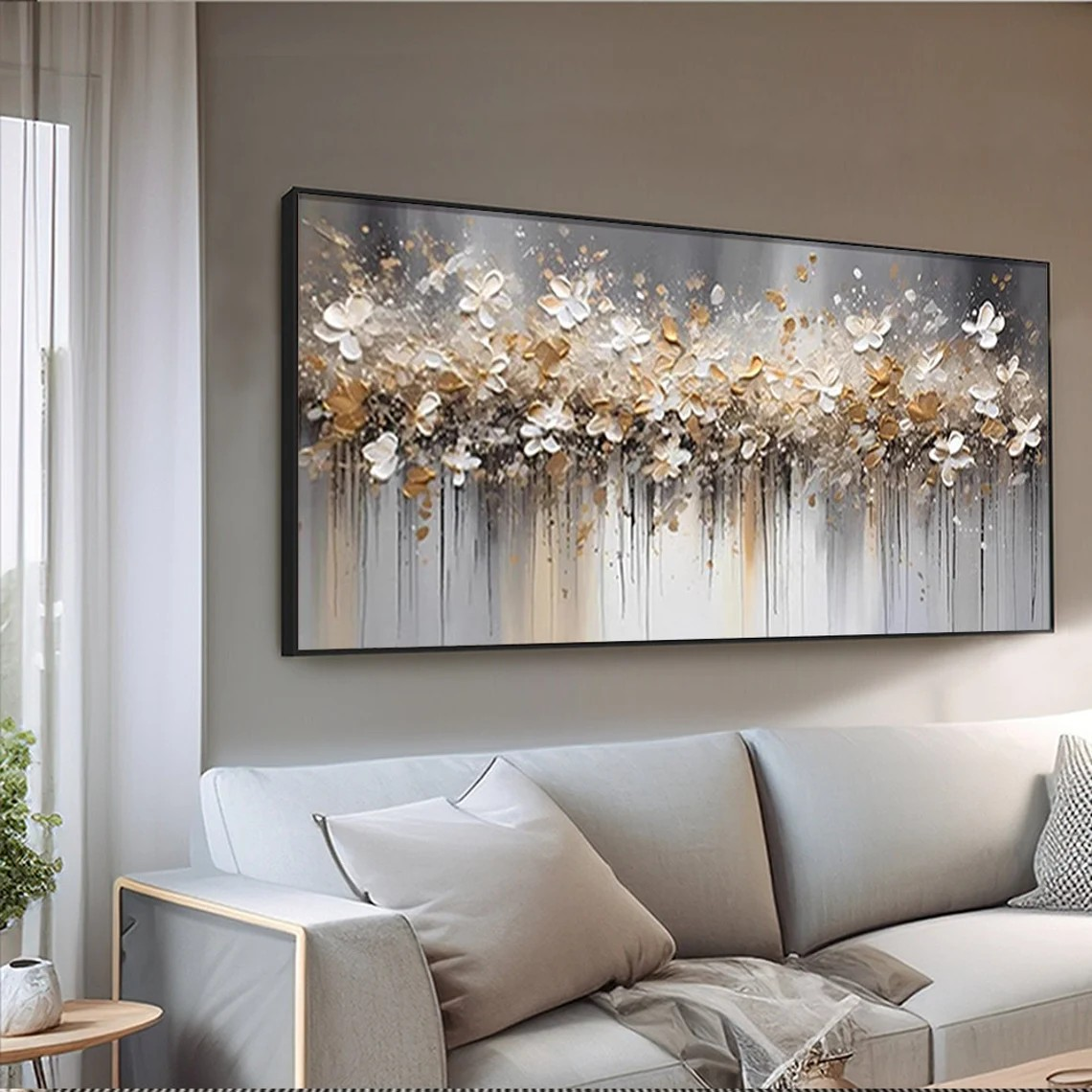 Textured Floral Abstract Oil Art - Gold Beige with Dripping #JJ 021