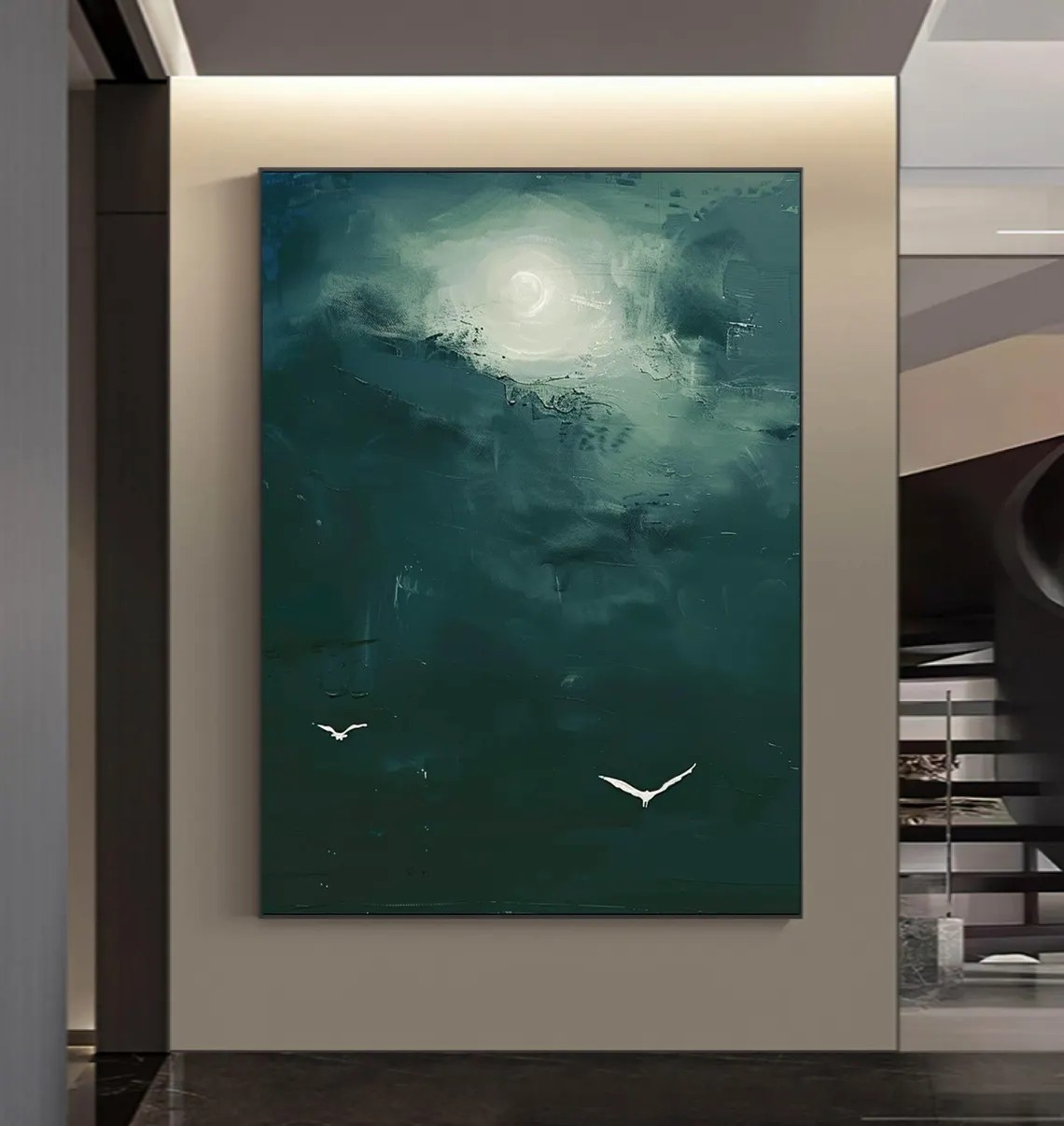 Dark Teal Abstract Oil Painting with Moon and Birds Wall Art #TC 029