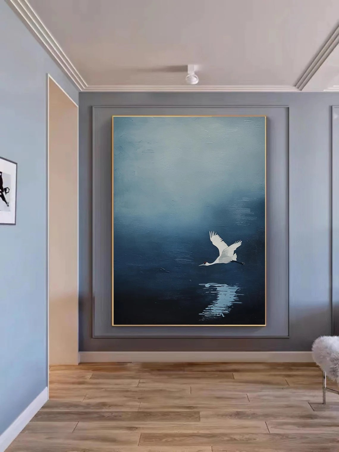 Handmade Blue Abstract Oil Painting with Crane Modern Decor #TC 030