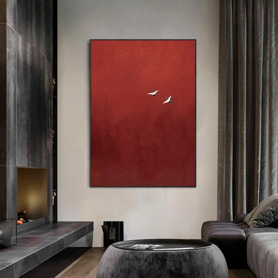 Minimalist Red Abstract Oil Painting with Flying Birds Wall Art #TC 026