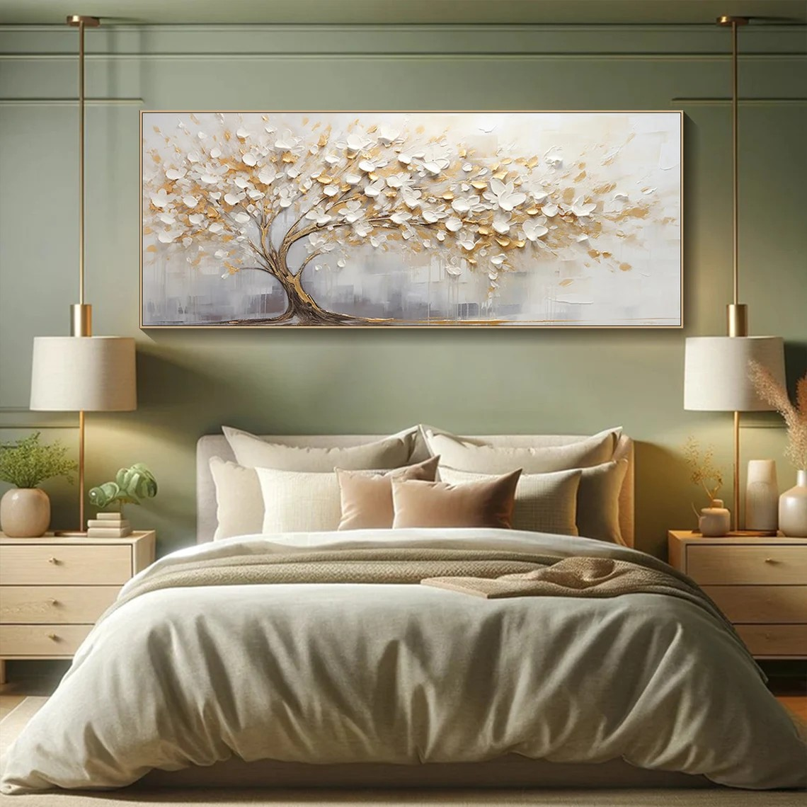 3D Blossom Tree Painting, Handmade White Gold Canvas Artwork #TC 069