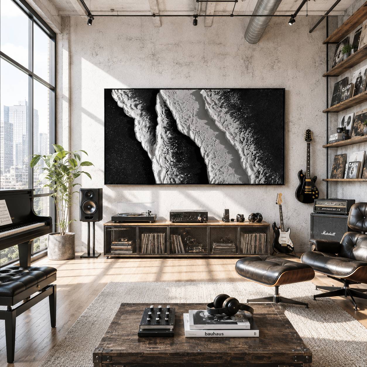 Midnight Tide – Black and White Textured Coastal Wall Art