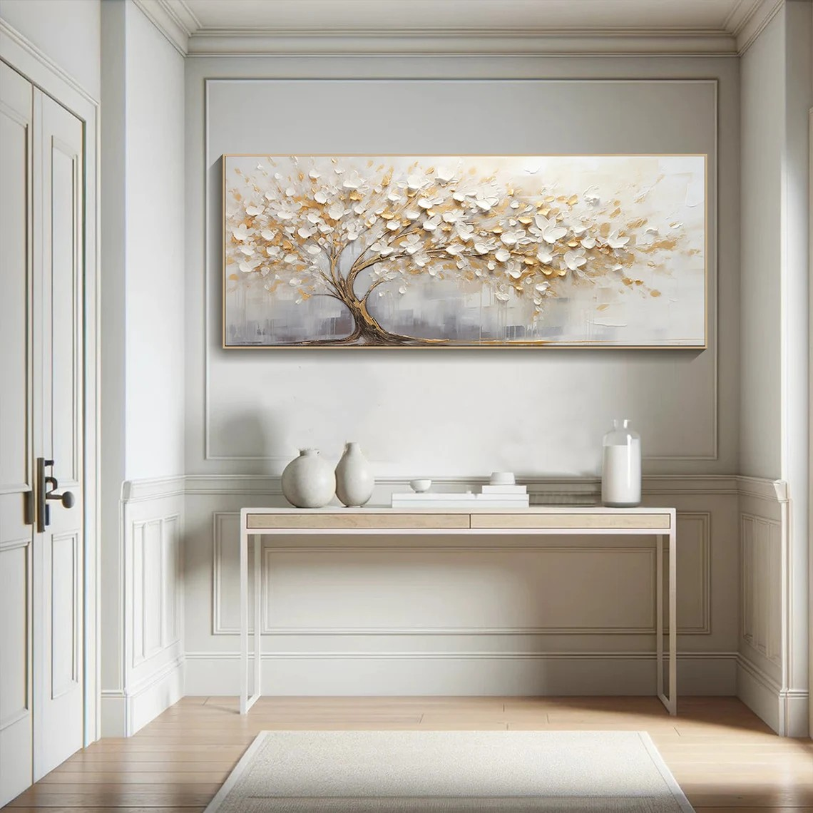 3D Blossom Tree Painting, Handmade White Gold Canvas Artwork #TC 069