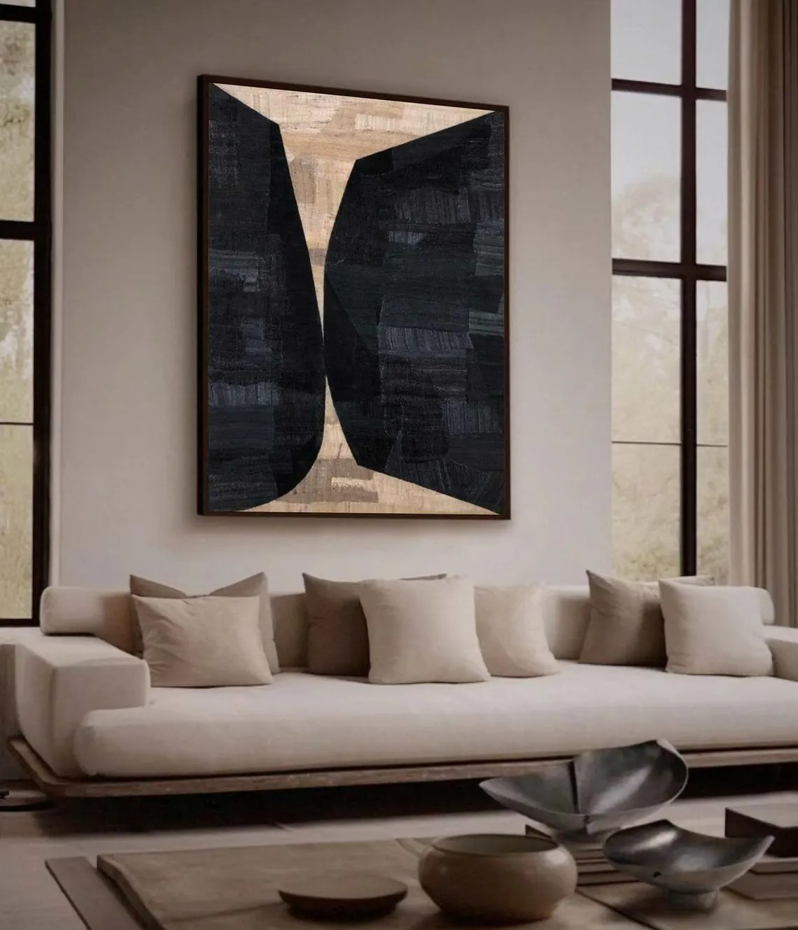 Large Vertical Modern Geometric Art - Black & Beige Contrast #TC 049