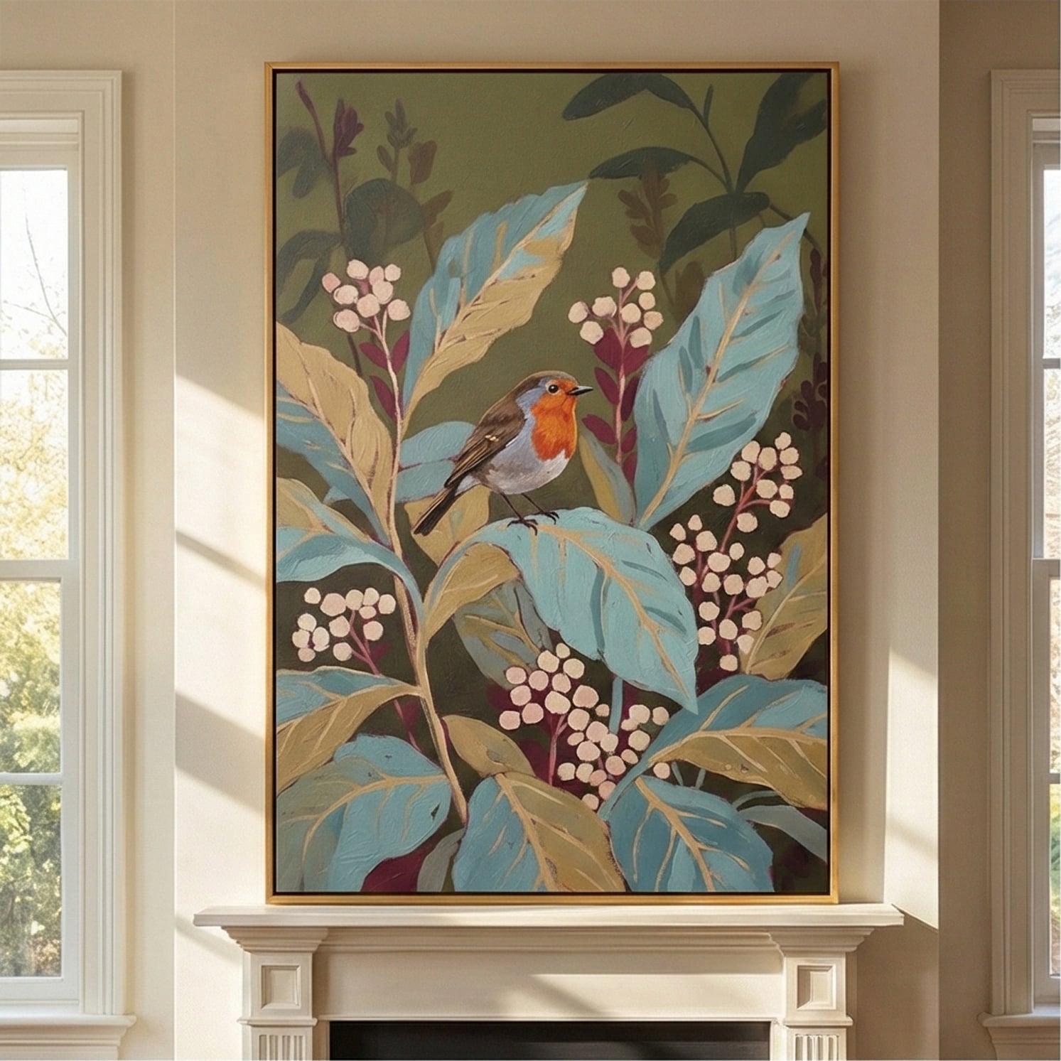 Robin in the Garden – Vintage Botanical Bird Wall Art for Cozy Cottage Interiors