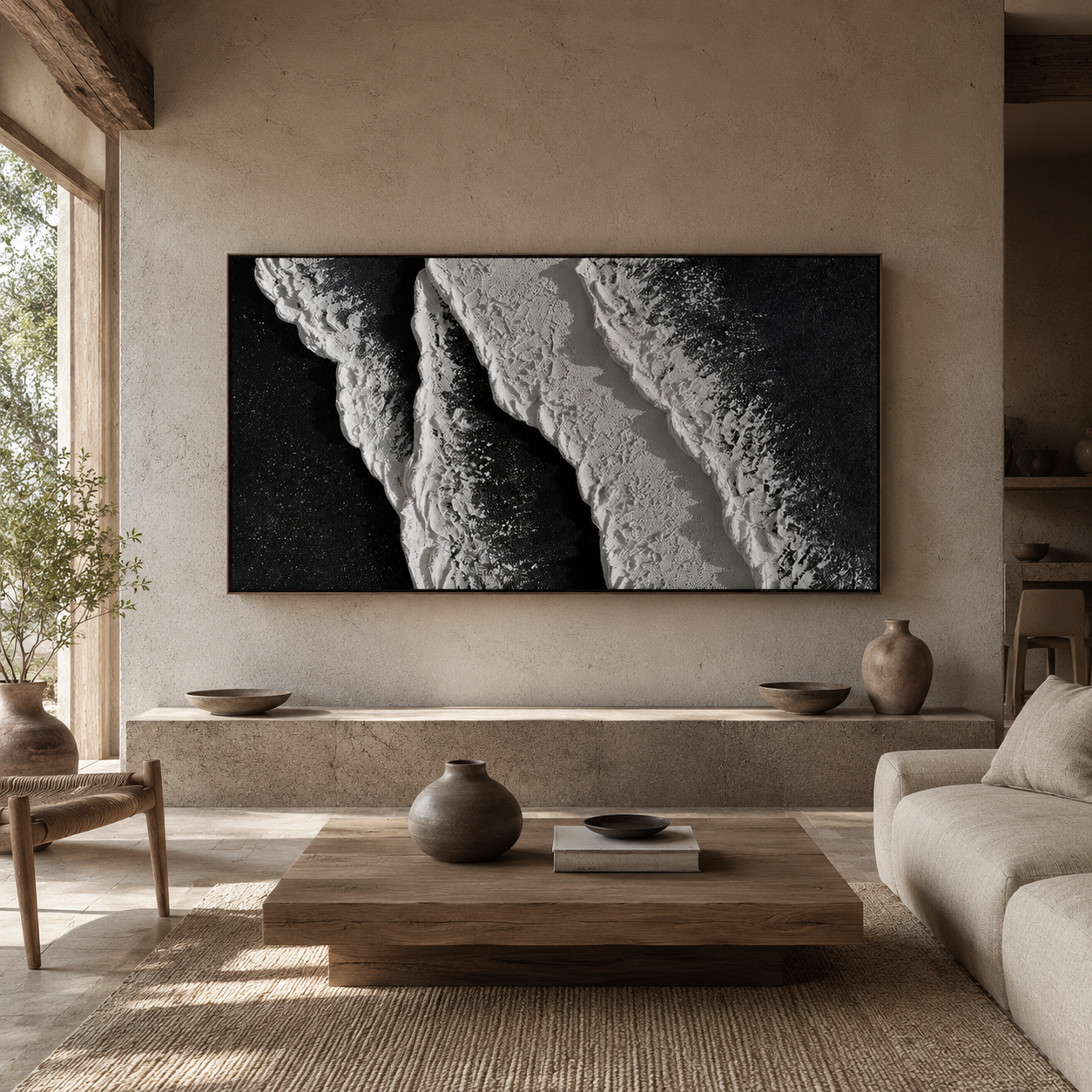Midnight Tide – Black and White Textured Coastal Wall Art