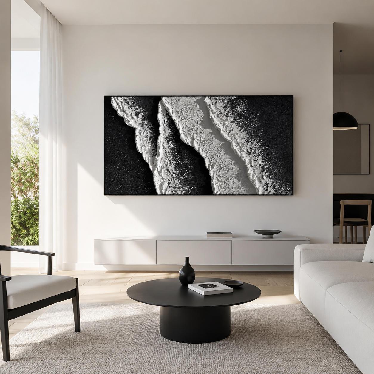 Midnight Tide – Black and White Textured Coastal Wall Art