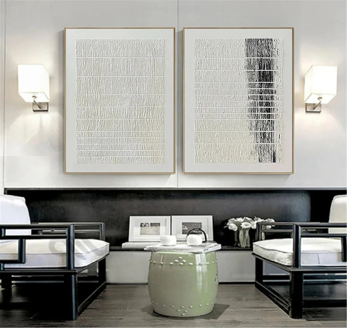 Minimalist Textured Line Abstract Diptych - Black & White Art #JJ 027