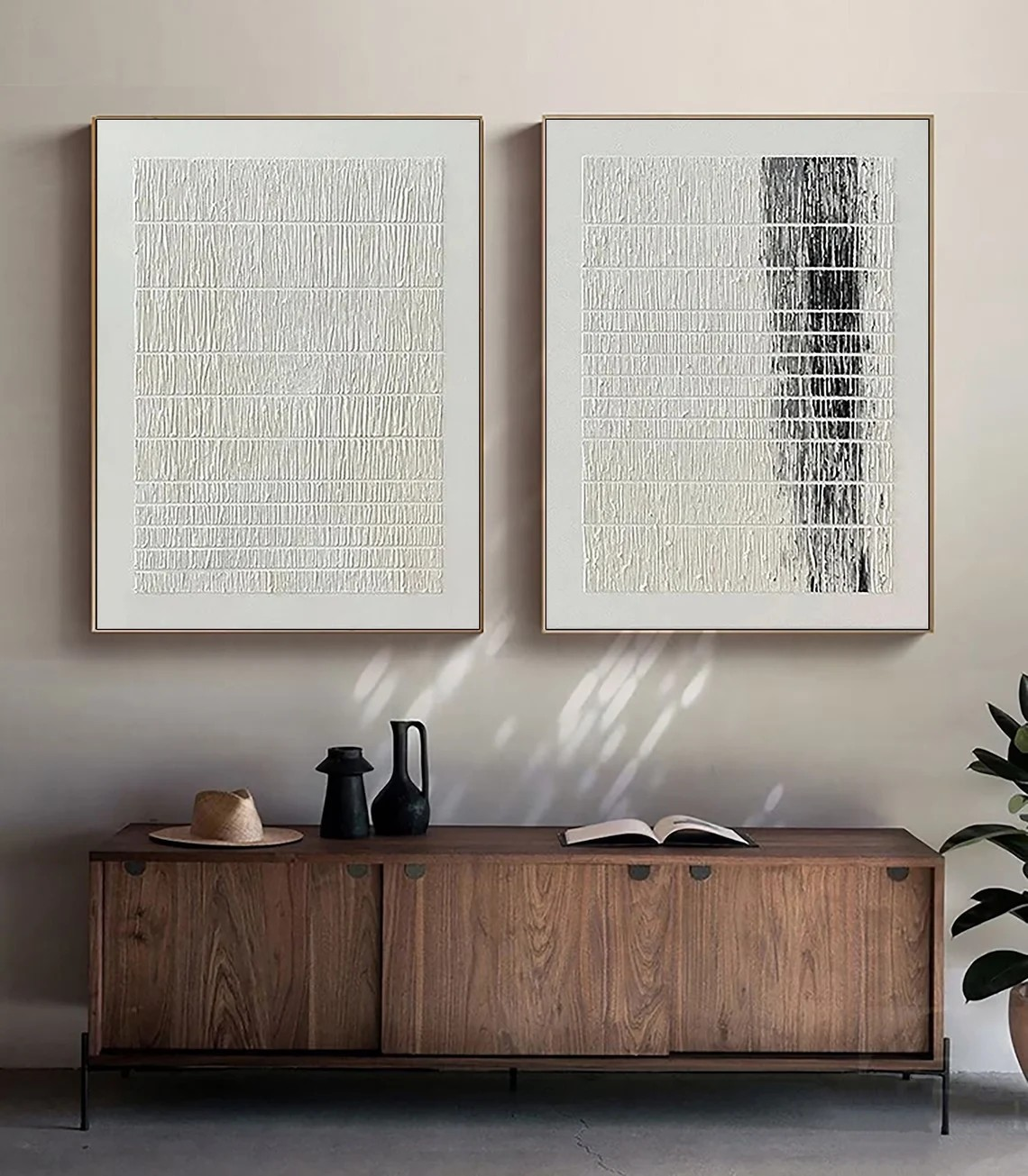 Minimalist Textured Line Abstract Diptych - Black & White Art #JJ 027