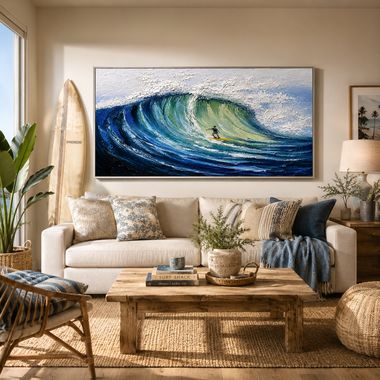 Surfing Wave Wall Art | Emerald Barrel Ocean Canvas Painting