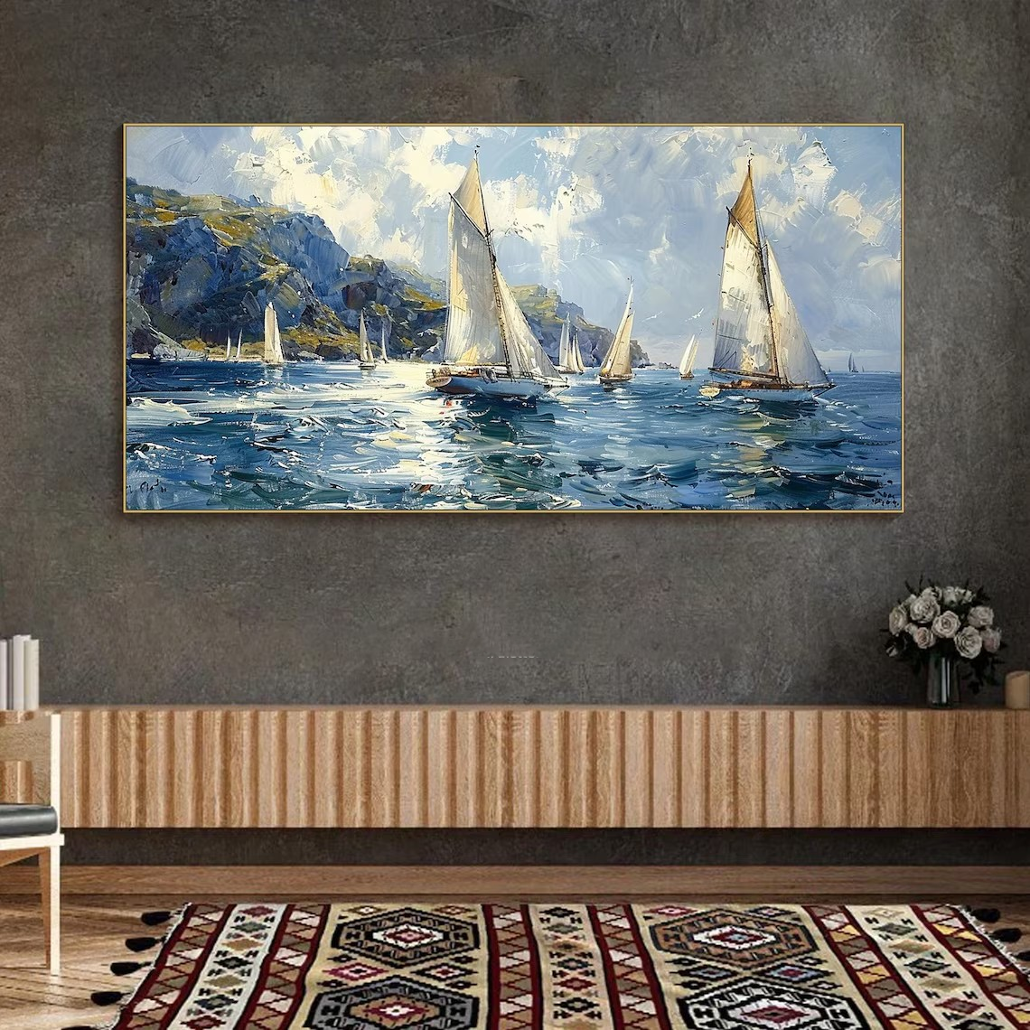 Textured Sailboat Oil Painting - Handmade Seascape Art #TC 098