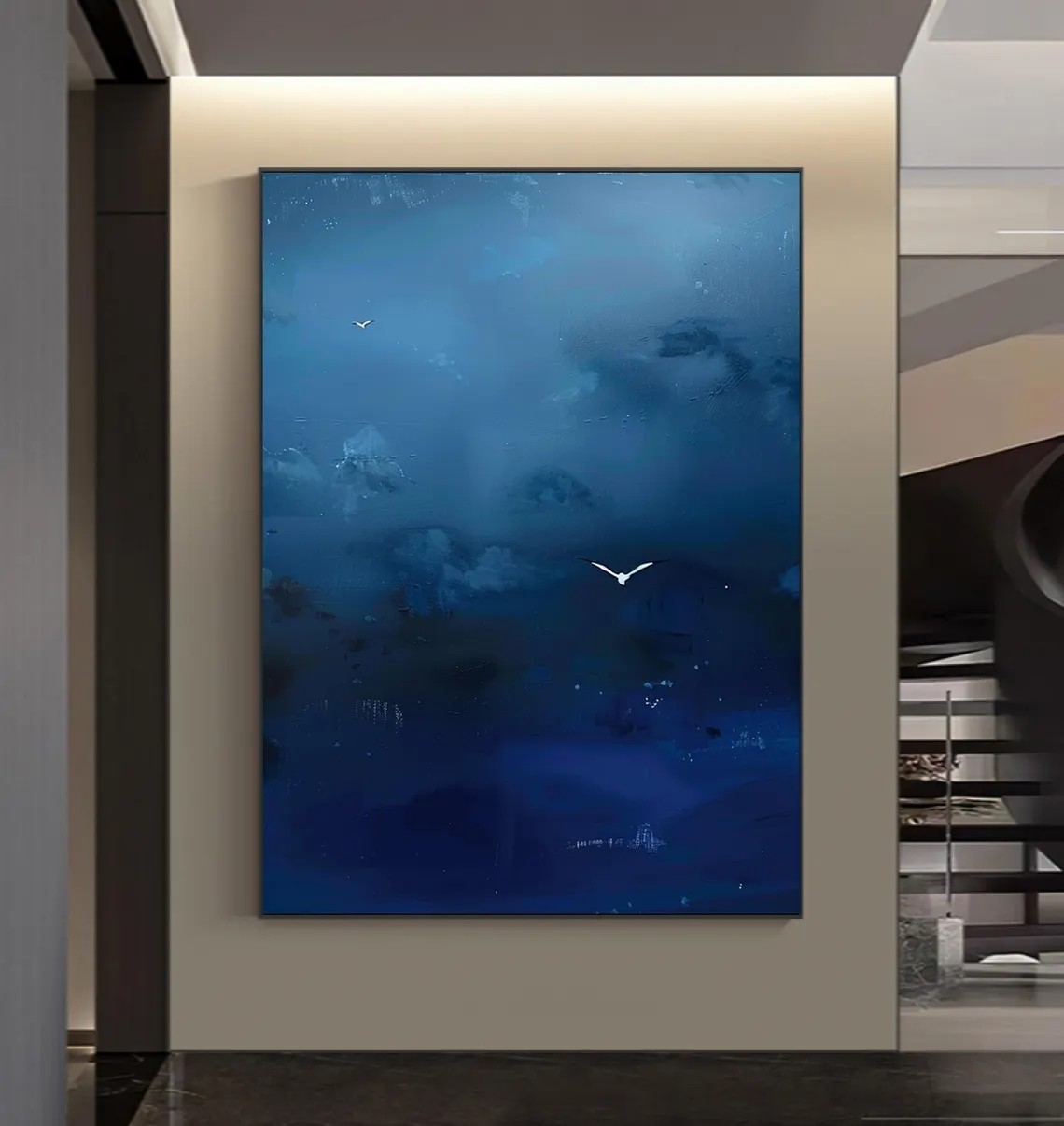 Deep Blue Abstract Oil Painting with Flying Birds Wall Art #TC 028