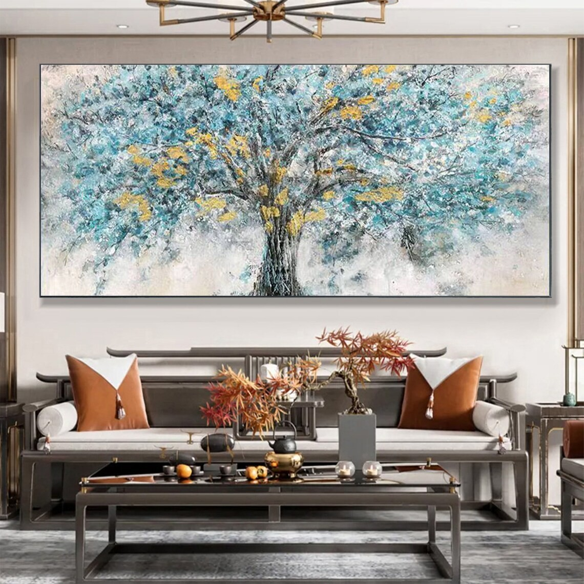 Abstract Tree Oil Painting with Blue & Gold Textured Leaves #JJ 038