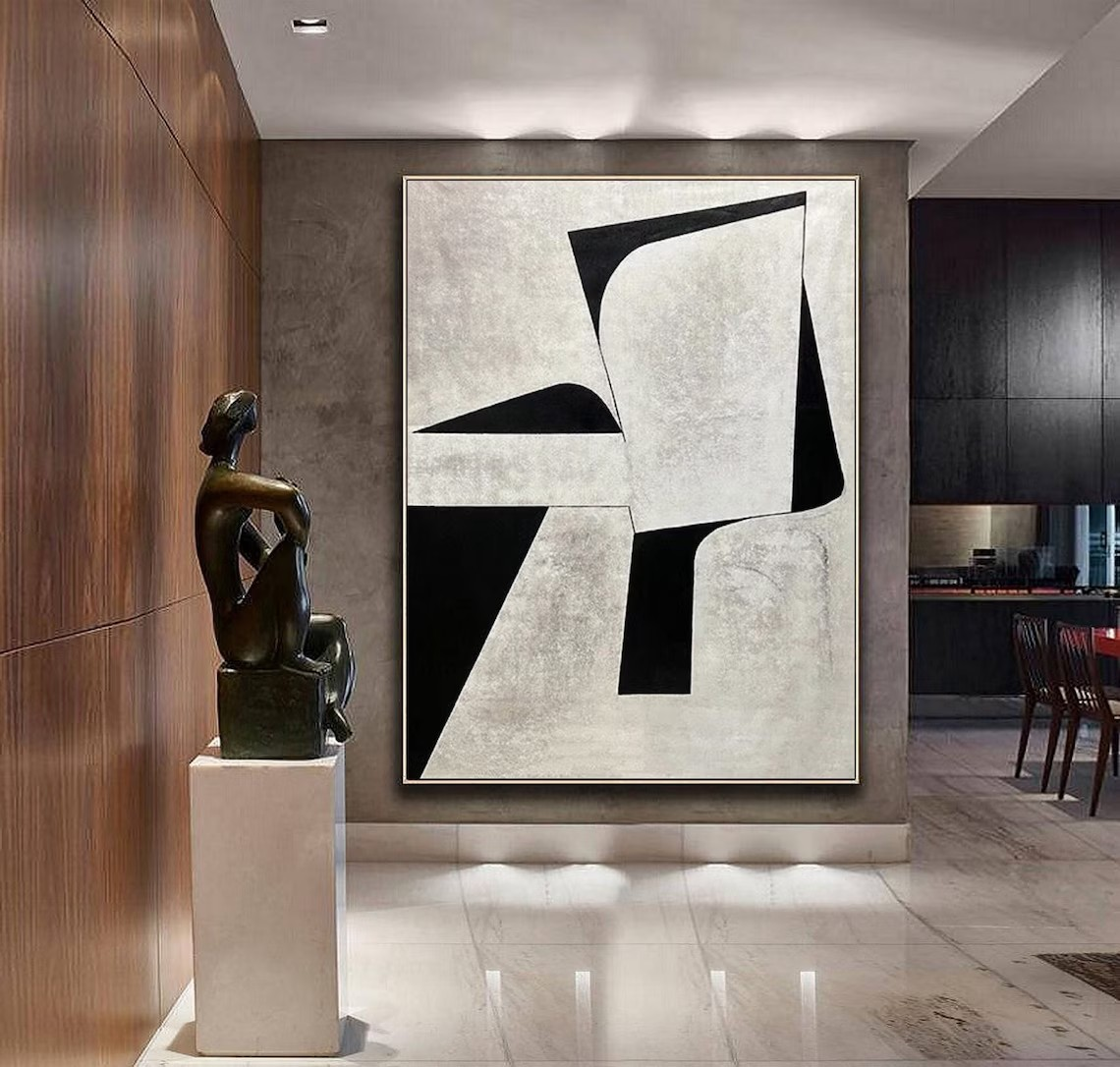 Black & Grey Geometric Abstract Oil Painting - Modern Art #JJ 045