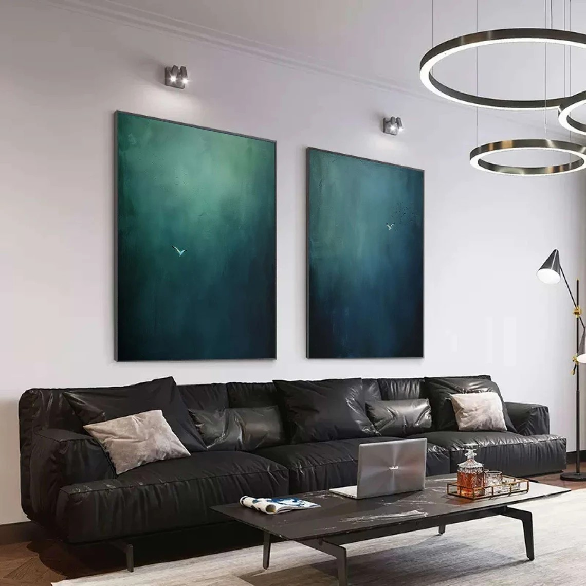 Large Abstract Oil Painting Diptych Hand-Painted Blue Green Sky/Ocean Art | # TC 010