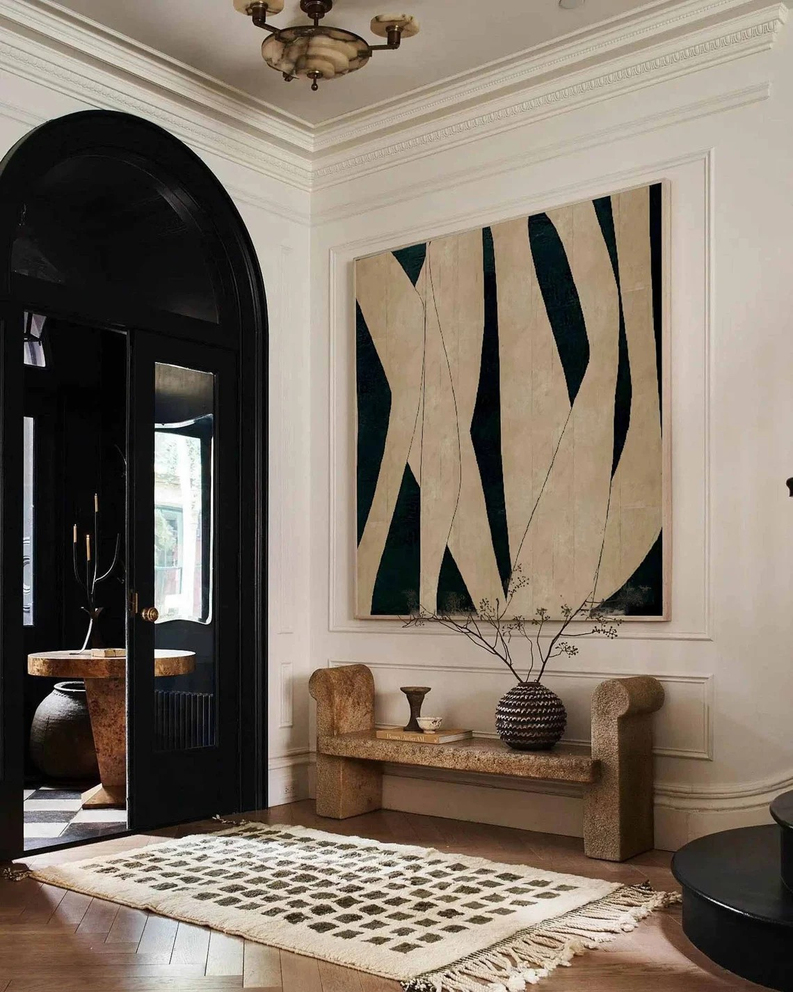 Abstract Modern Canvas Art – Flowing Lines in Black and Beige #JJ 010