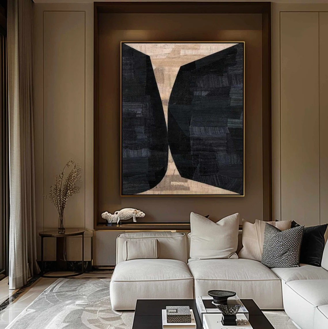 Large Vertical Modern Geometric Art - Black & Beige Contrast #TC 049