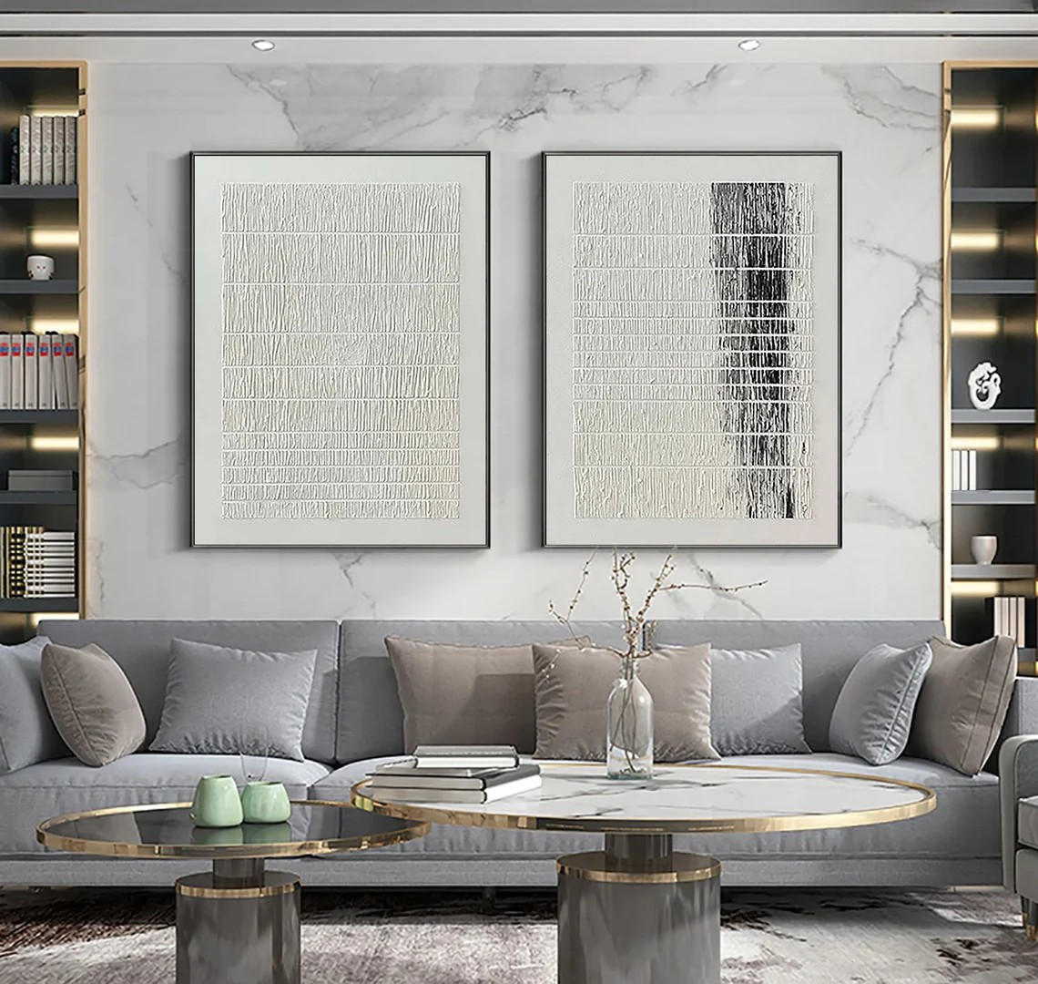 Minimalist Textured Line Abstract Diptych - Black & White Art #JJ 027