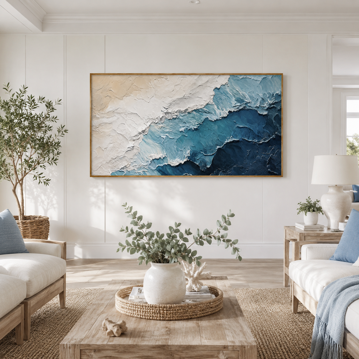Azure Shoreline – Textured Ocean Wave Coastal Wall Art