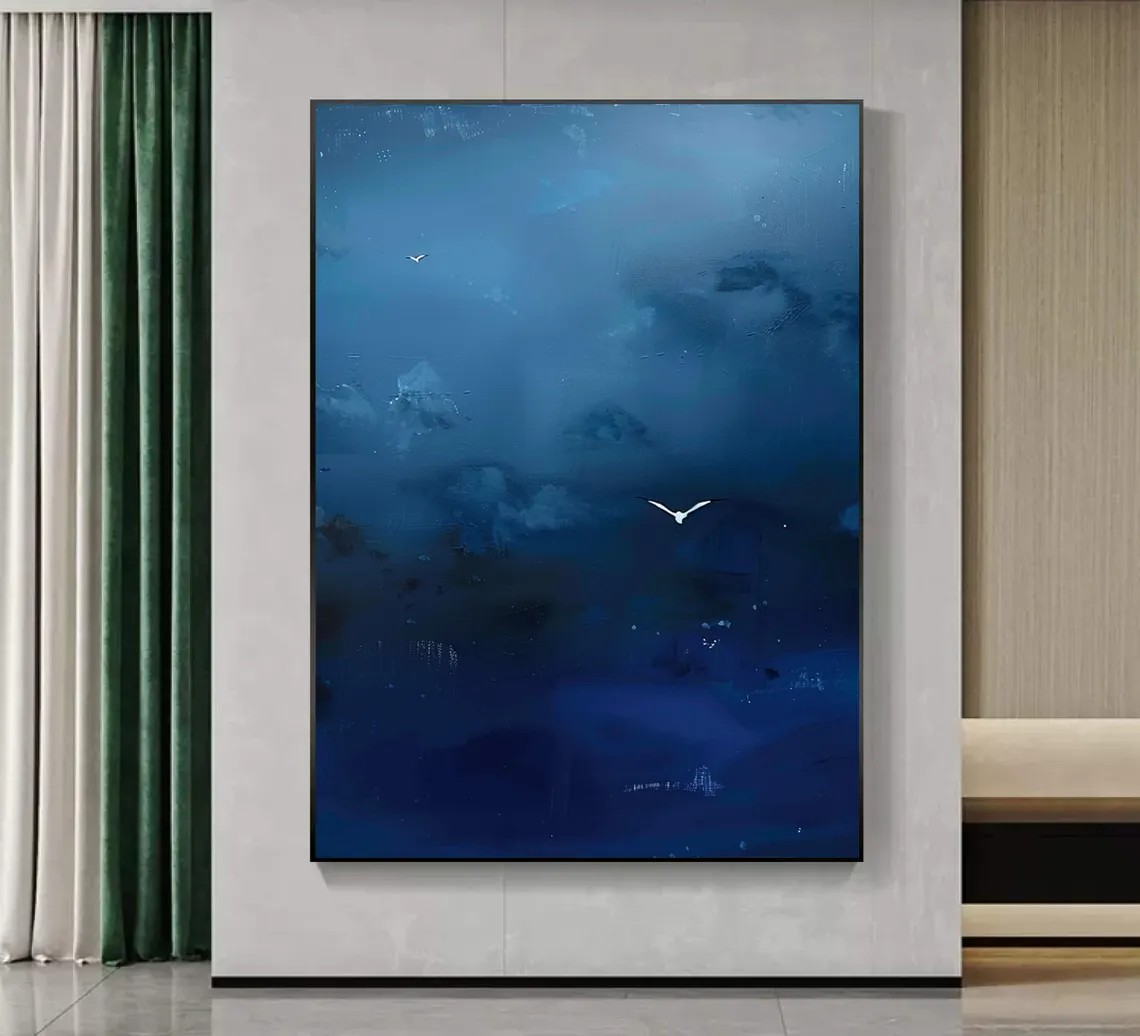Deep Blue Abstract Oil Painting with Flying Birds Wall Art #TC 028