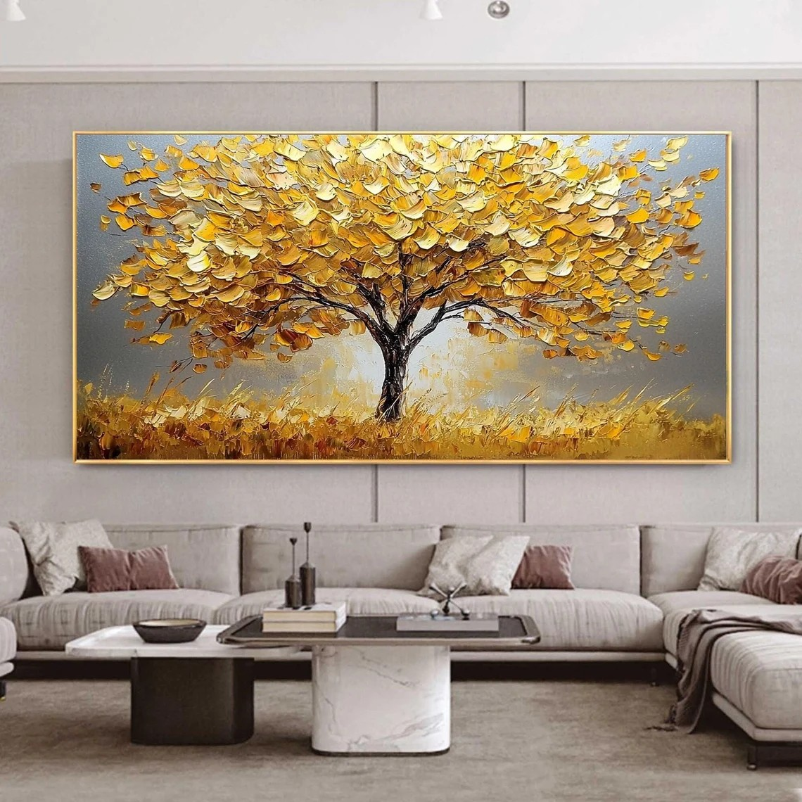 Panoramic Golden Tree Abstract Oil Painting - Textured Art #JJ 042