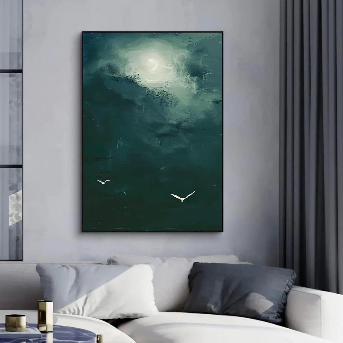 Dark Teal Abstract Oil Painting with Moon and Birds Wall Art #TC 029