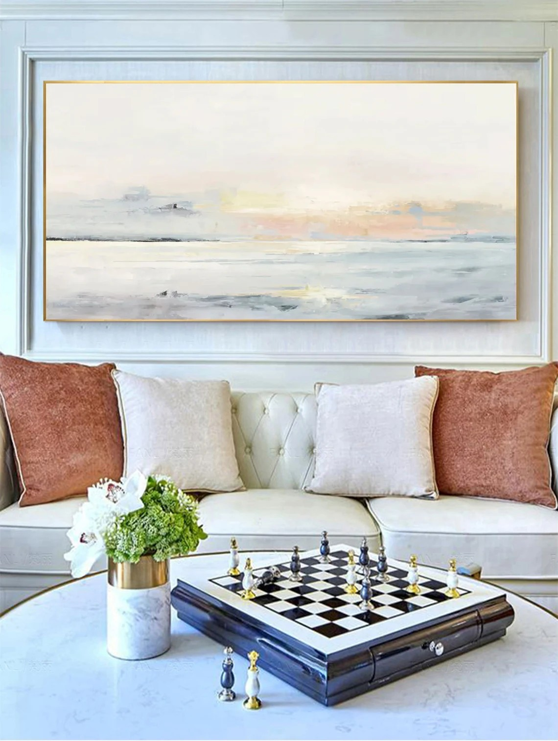 Pastel Seascape Oil Painting - Tranquil Ocean & Sky Wall Art #JJ 003