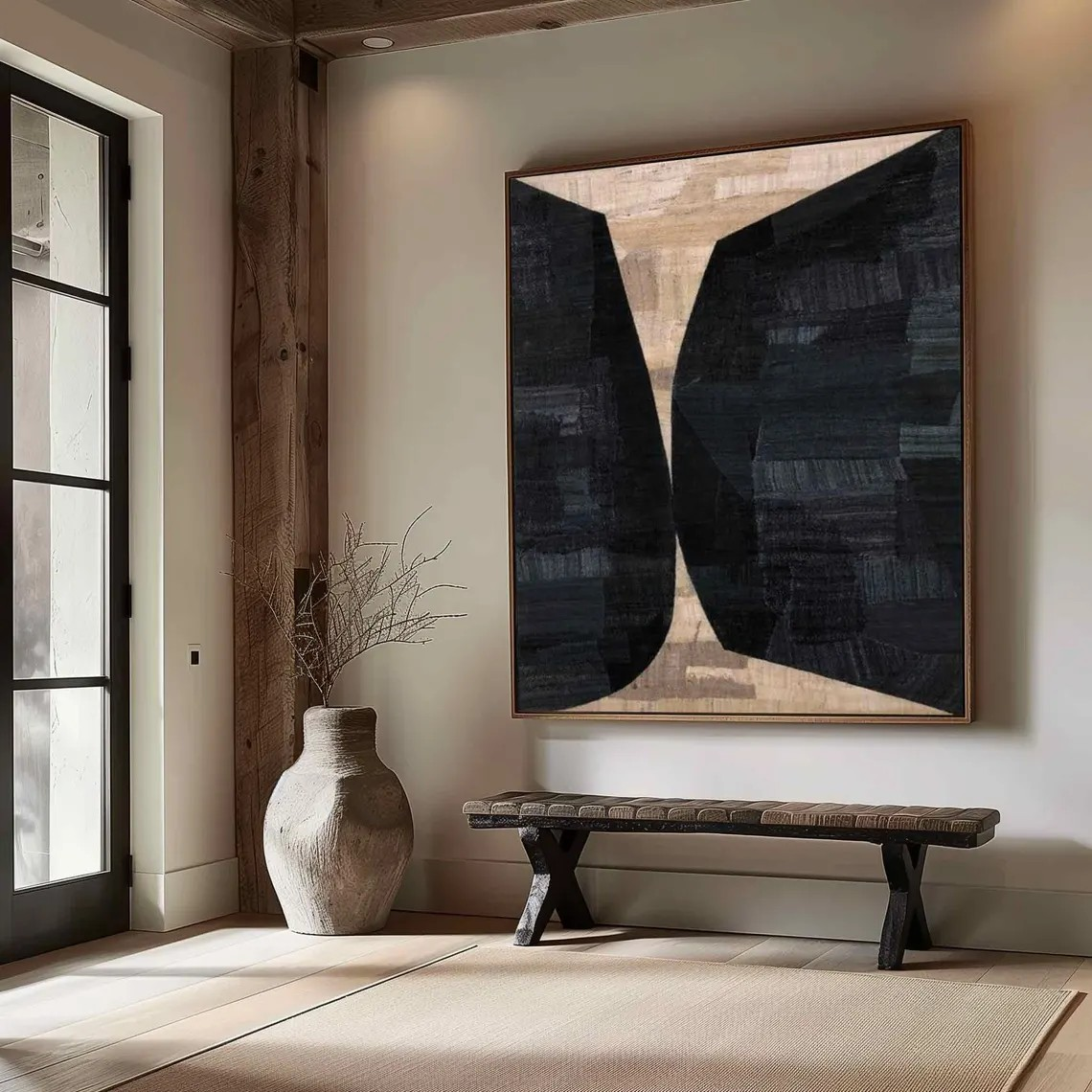 Large Vertical Modern Geometric Art - Black & Beige Contrast #TC 049